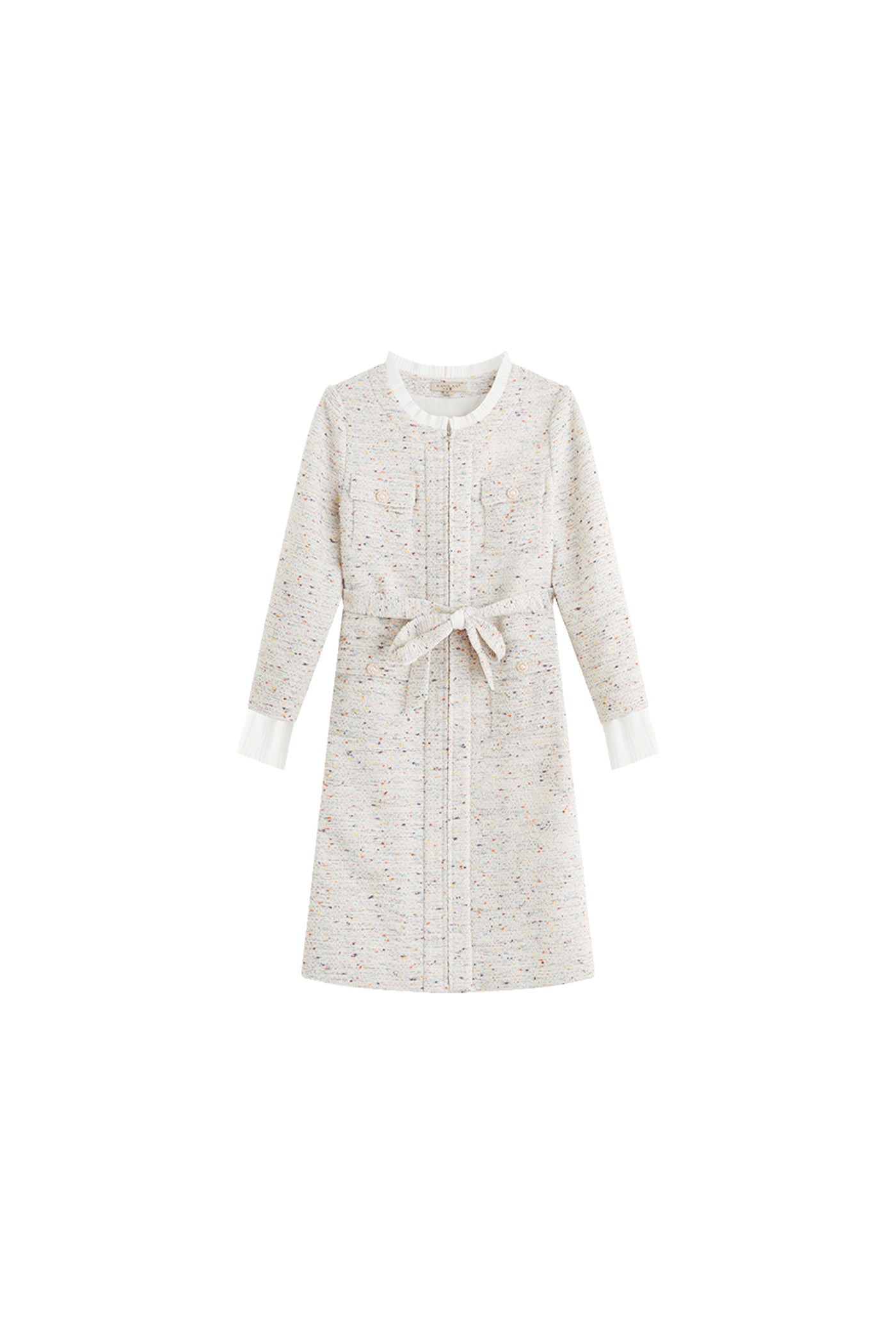 KAMILAN Elegant Tweed-Style High-Waisted Ruffle Sleeve Dress