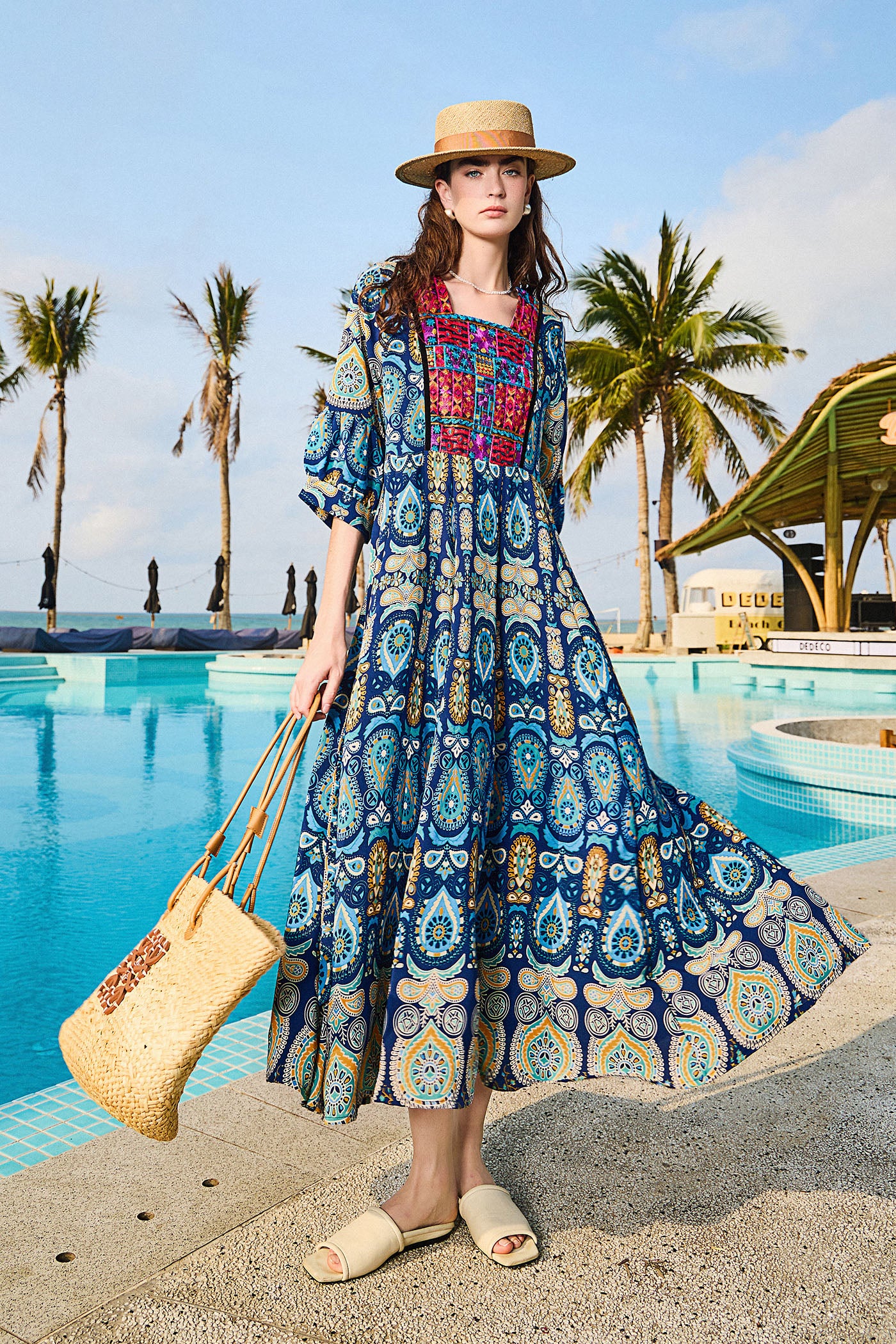 KAMILAN Vacation-Inspired Printed & Embroidered Patchwork Dress