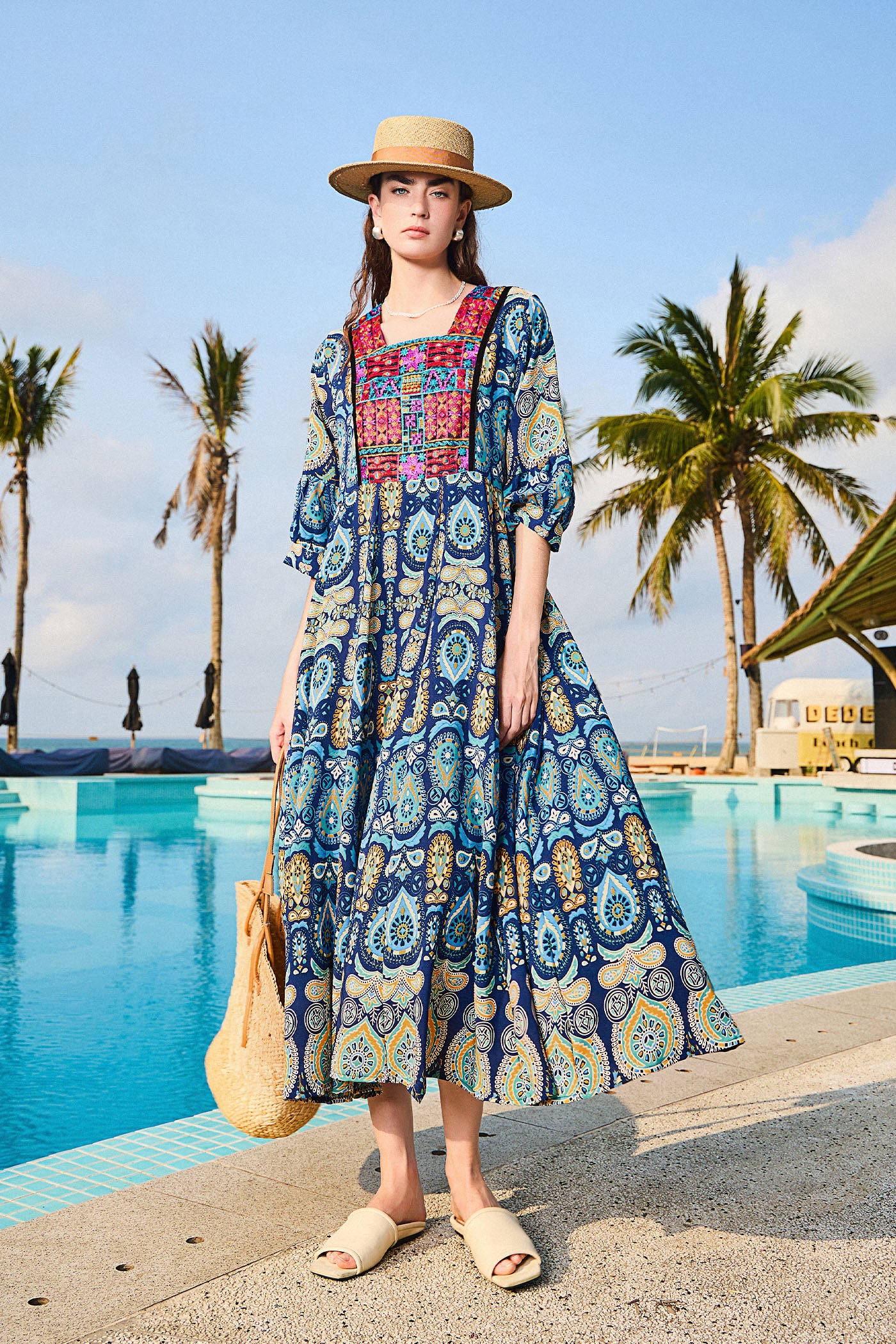 KAMILAN Vacation-Inspired Printed & Embroidered Patchwork Dress