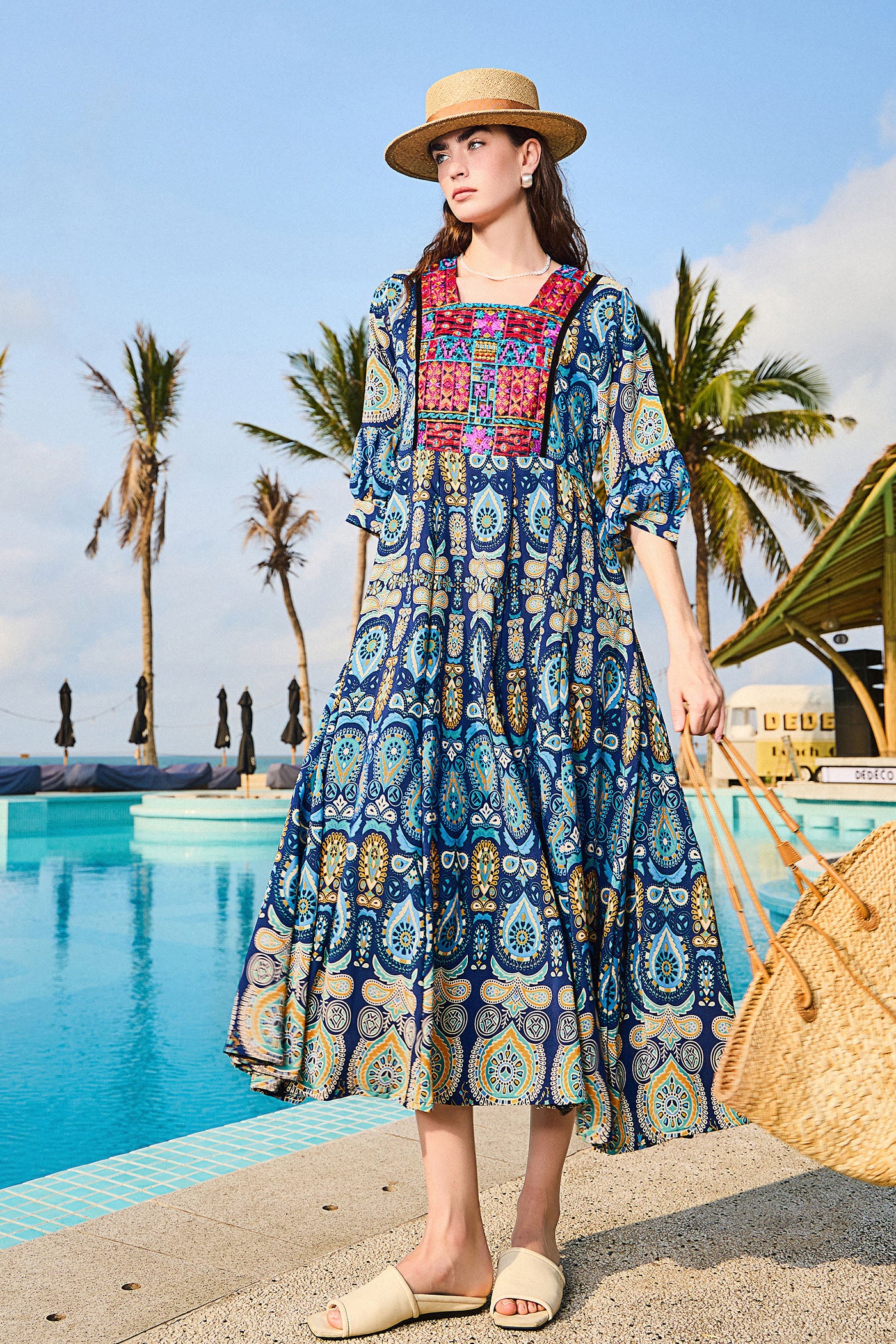 KAMILAN Vacation-Inspired Printed & Embroidered Patchwork Dress