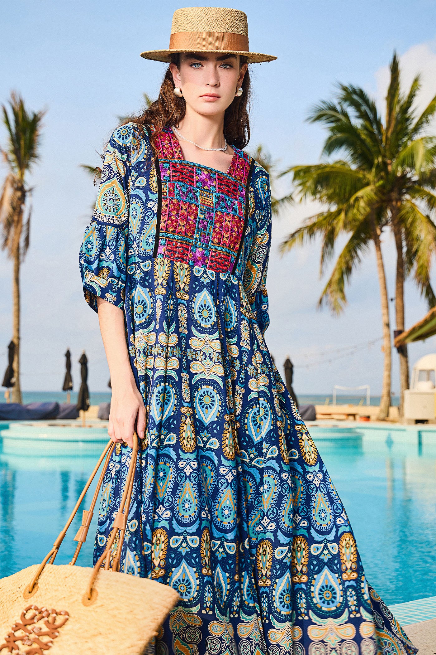 KAMILAN Vacation-Inspired Printed & Embroidered Patchwork Dress