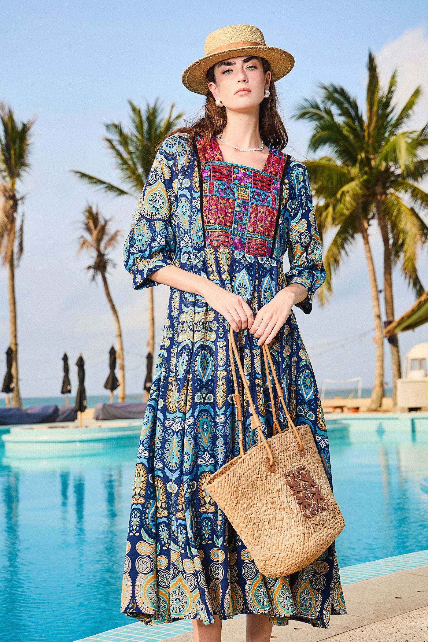 KAMILAN Vacation-Inspired Printed & Embroidered Patchwork Dress