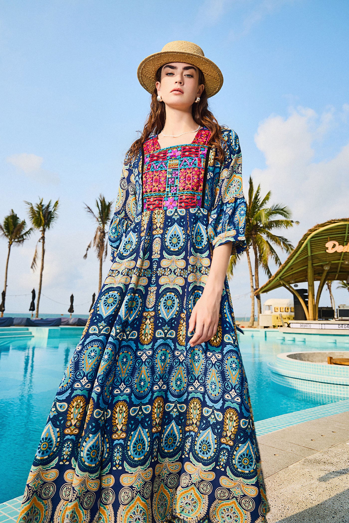 KAMILAN Vacation-Inspired Printed & Embroidered Patchwork Dress
