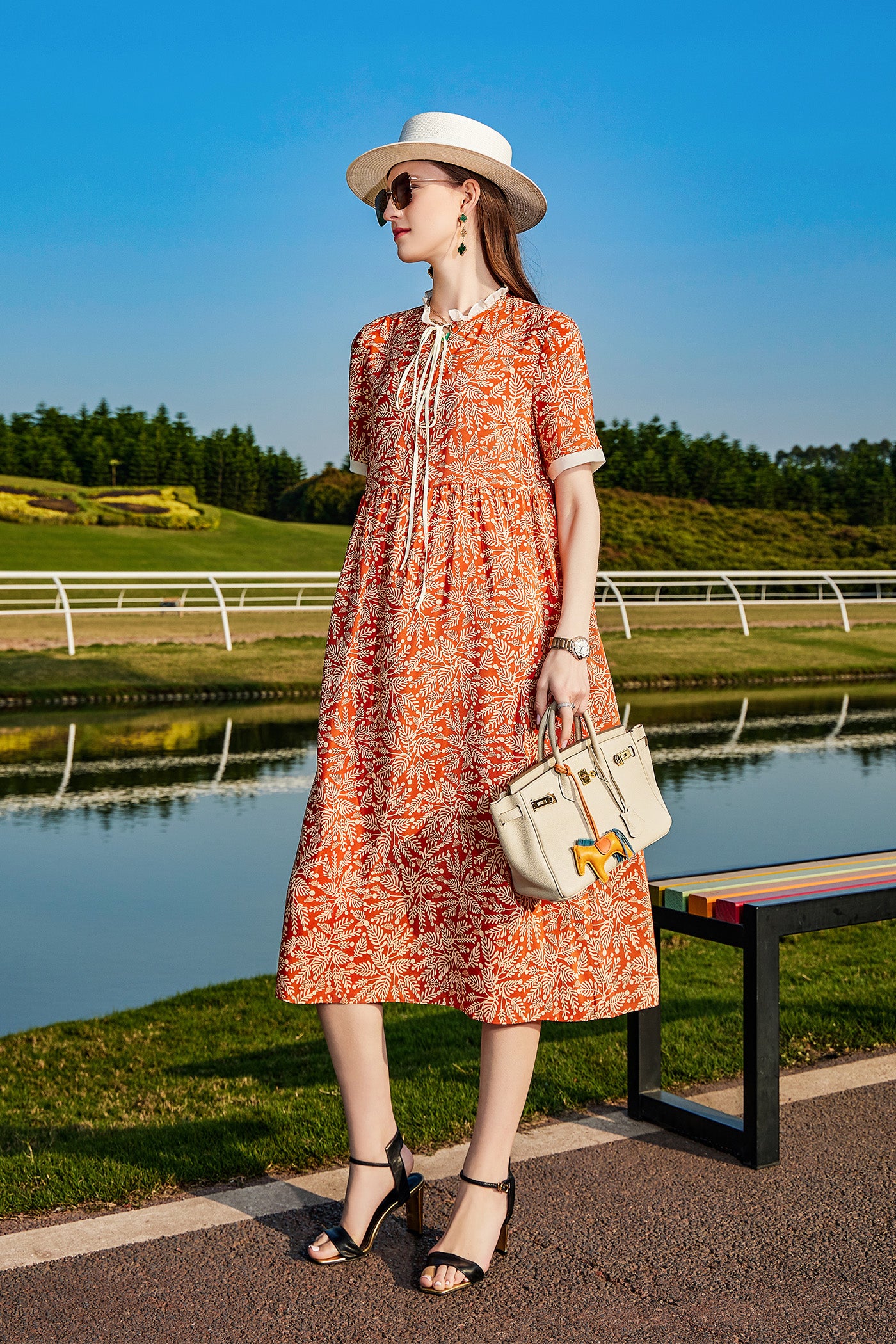 KAMILAN Vintage Floral Printed Mulberry Silk Dress