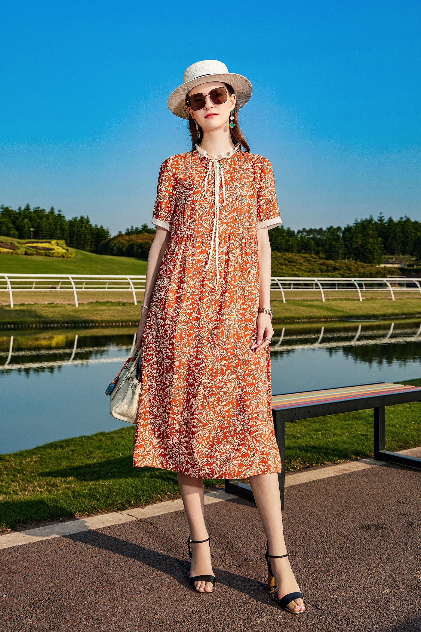 KAMILAN Vintage Floral Printed Mulberry Silk Dress