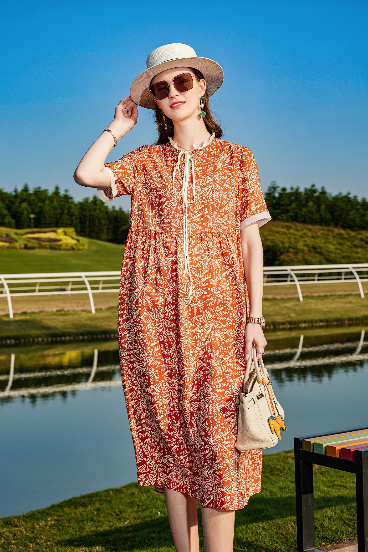 KAMILAN Vintage Floral Printed Mulberry Silk Dress