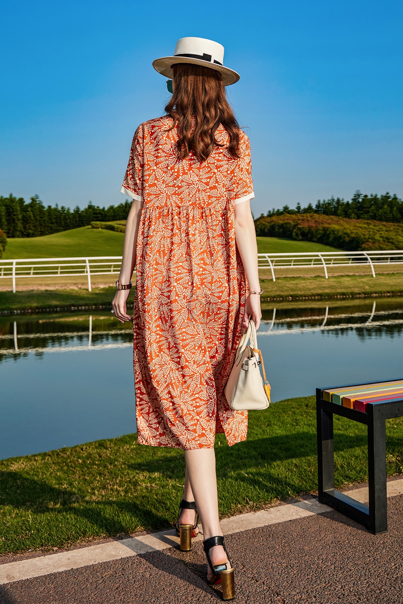 KAMILAN Vintage Floral Printed Mulberry Silk Dress