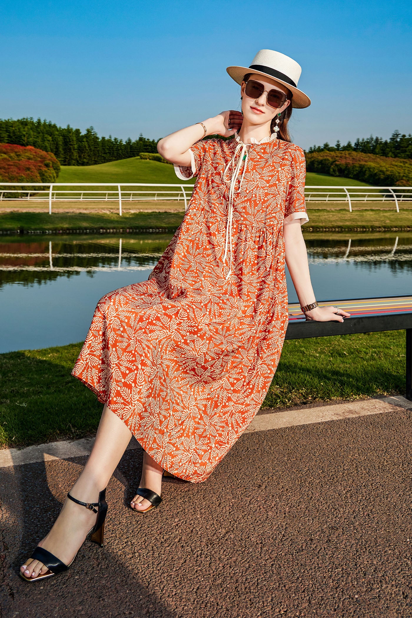 KAMILAN Vintage Floral Printed Mulberry Silk Dress