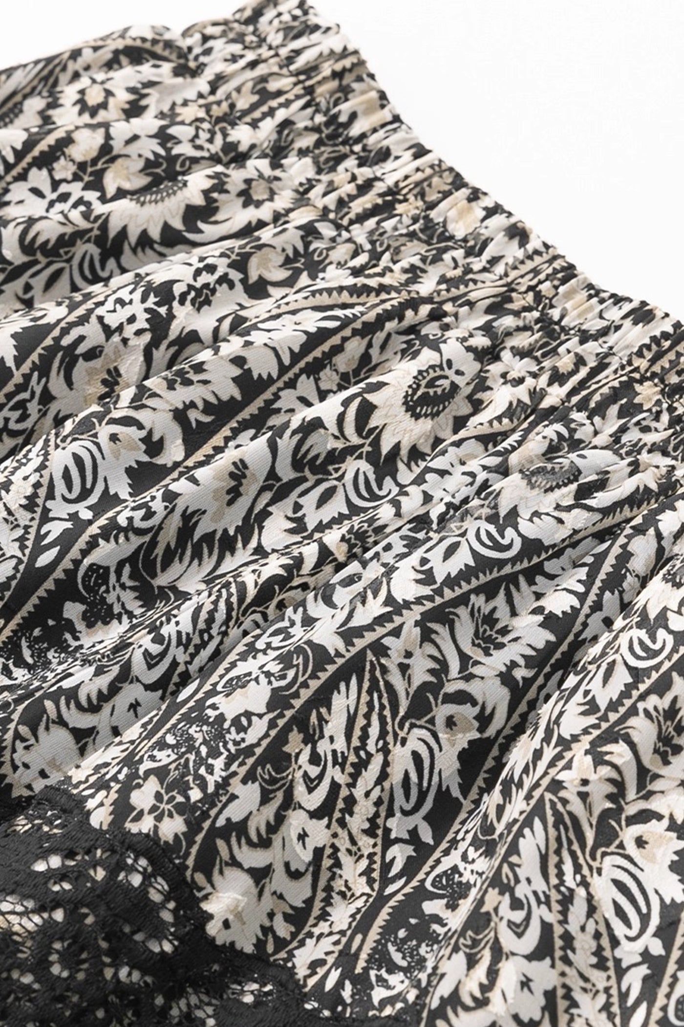 KAMILAN Black & Ivory Lace-Panel Printed Midi Skirt