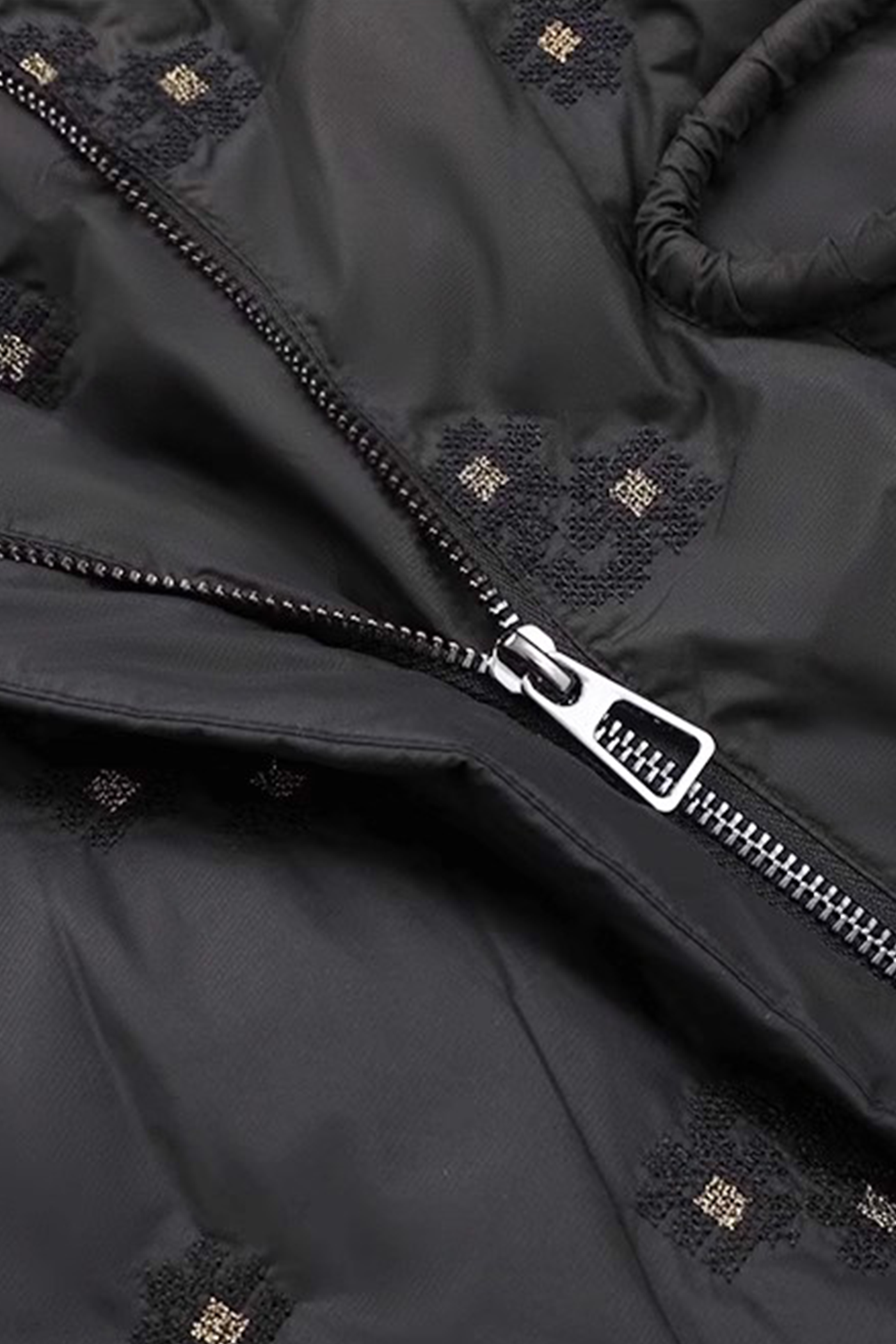 KAMILAN Belted Quilted Down Coat with Textured Embroidered Accents in Black