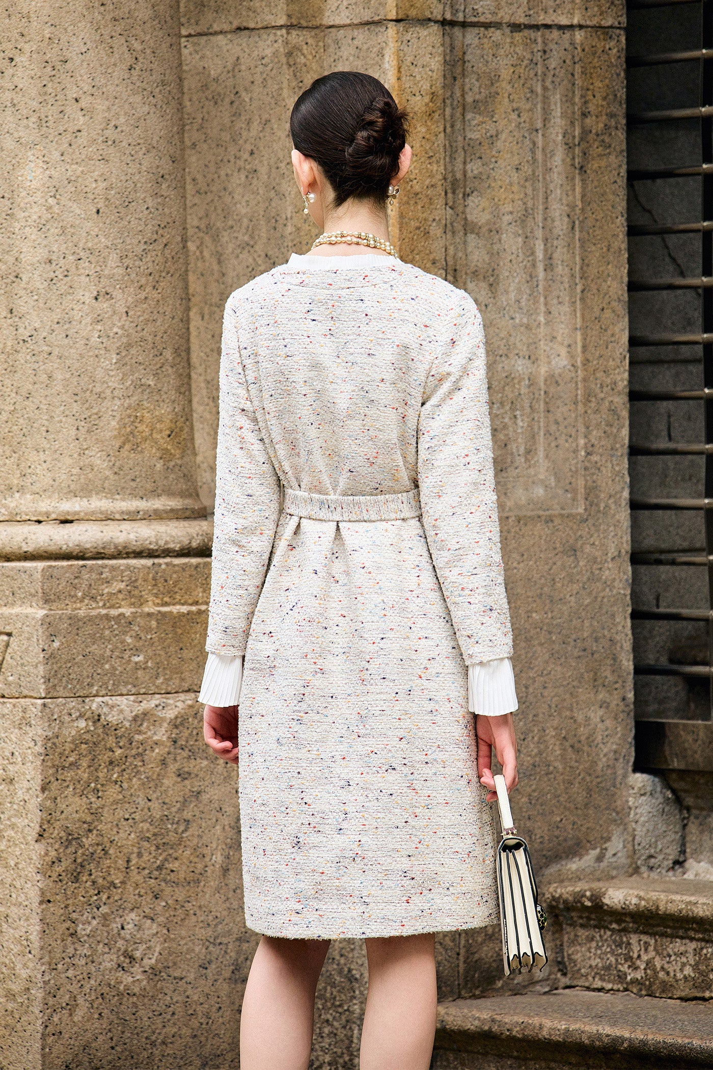 KAMILAN Elegant Tweed-Style High-Waisted Ruffle Sleeve Dress