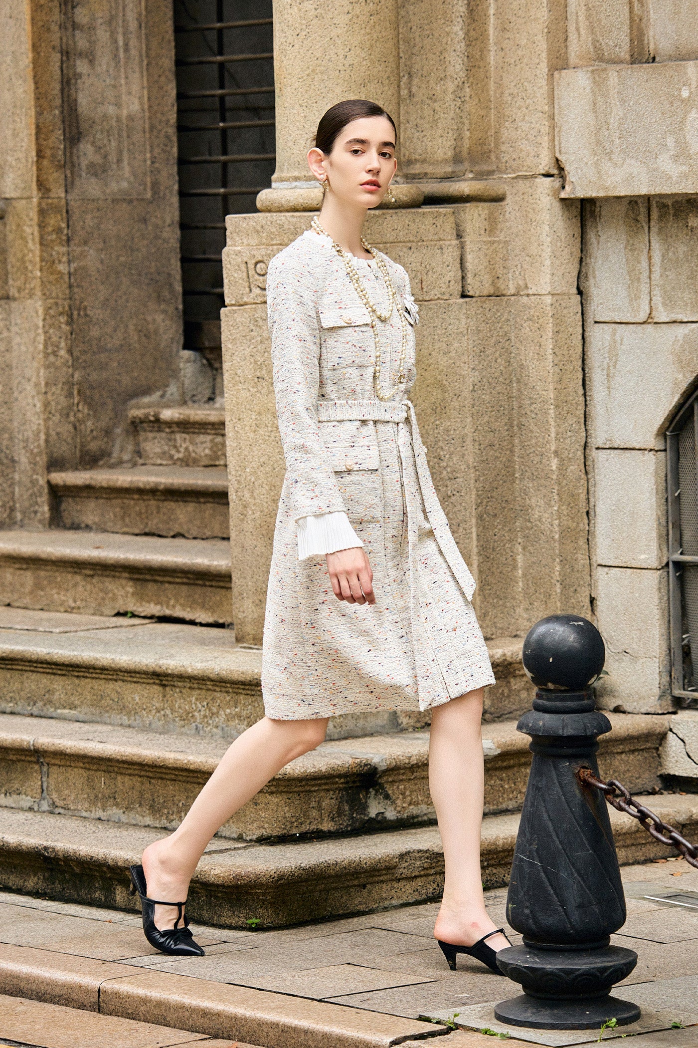 KAMILAN Elegant Tweed-Style High-Waisted Ruffle Sleeve Dress