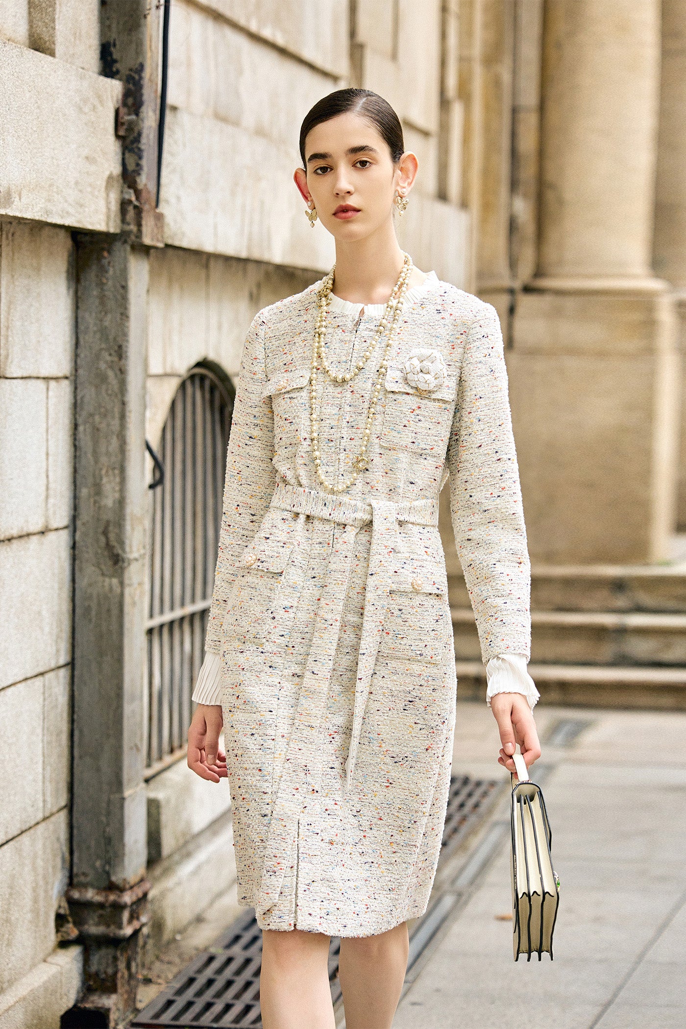 KAMILAN Elegant Tweed-Style High-Waisted Ruffle Sleeve Dress