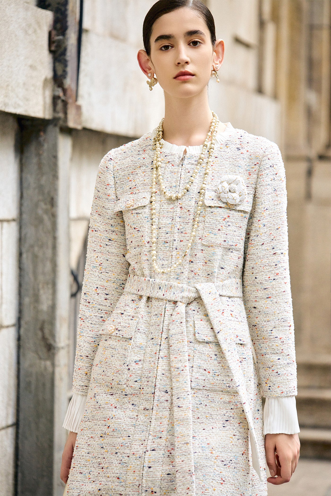 KAMILAN Elegant Tweed-Style High-Waisted Ruffle Sleeve Dress