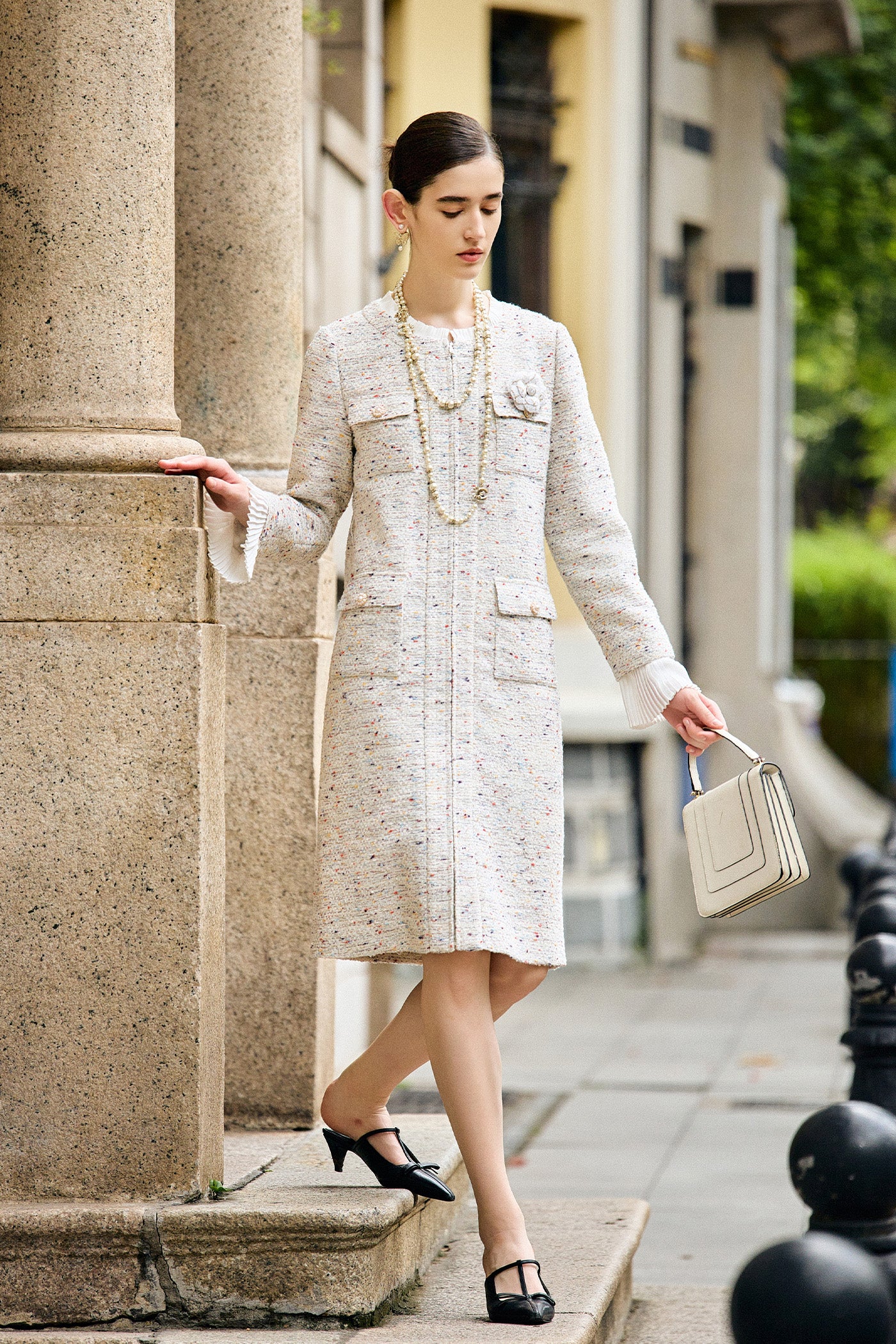 KAMILAN Elegant Tweed-Style High-Waisted Ruffle Sleeve Dress