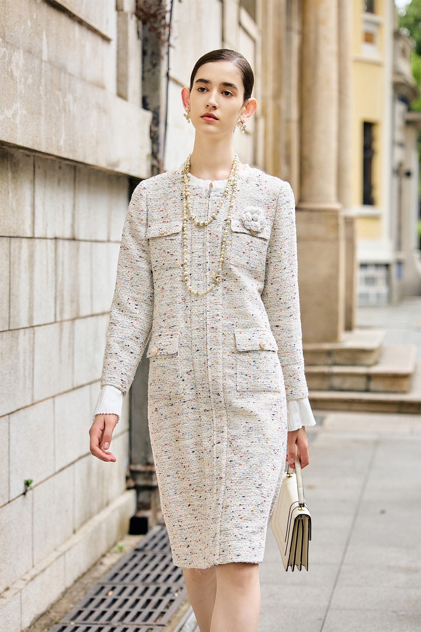 KAMILAN Elegant Tweed-Style High-Waisted Ruffle Sleeve Dress