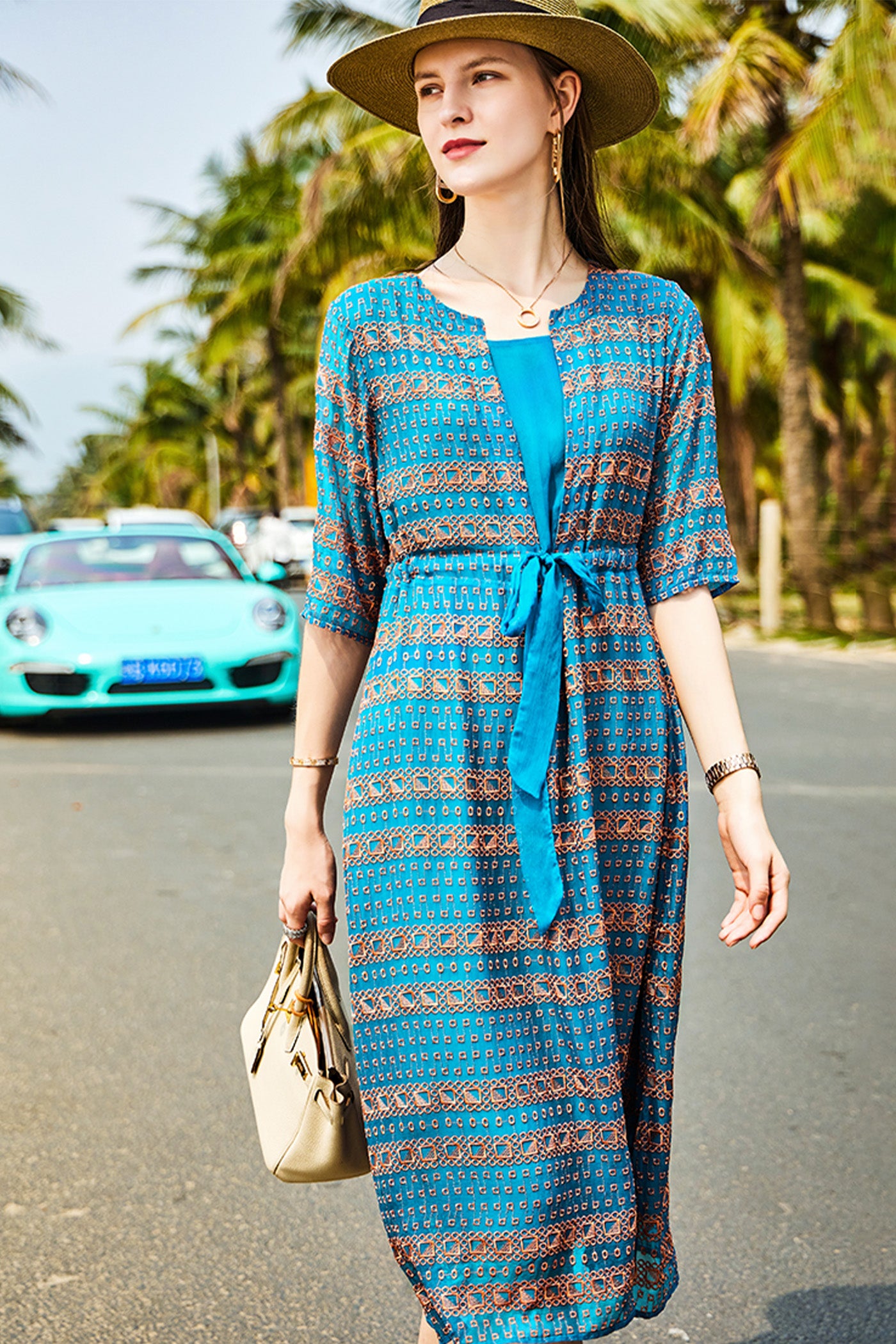 KAMILAN Mulberry Silk Vacation-Style Printed Dress