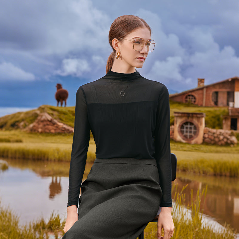 KAMILAN Shenxun Long-sleeved T-shirt with Collar for Women, 2025 Autumn New Style, Fashionable Mesh Underwear Design Top