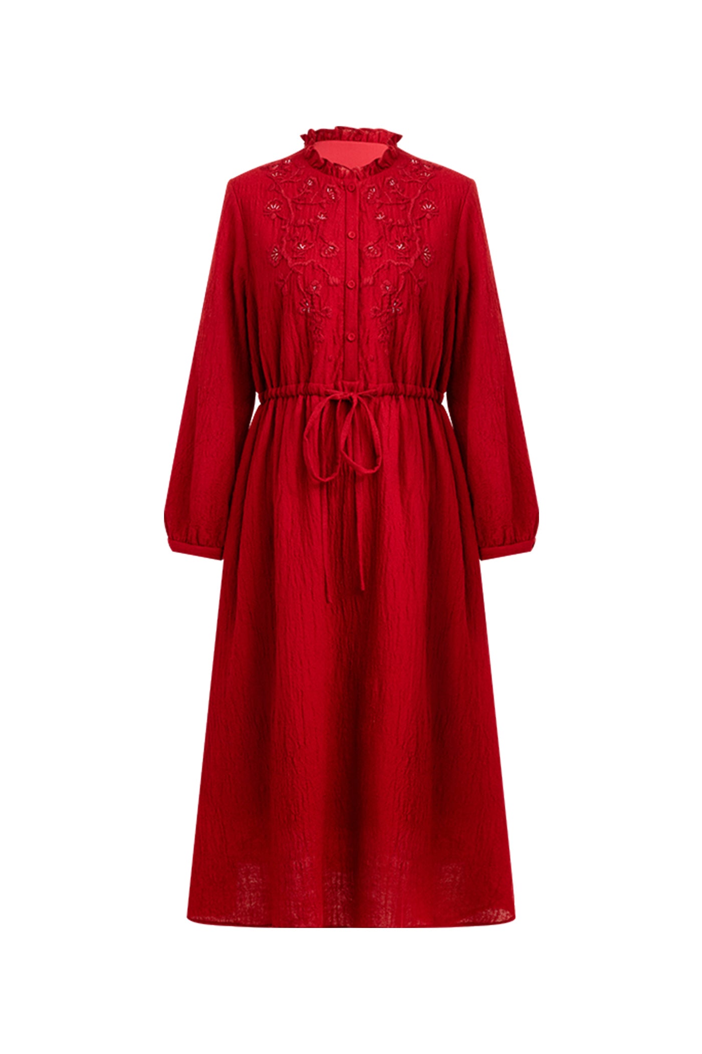 KAMILAN Women's Wool Midi Dress – 2025 Autumn New Red Embroidered Beaded A-Line Dress