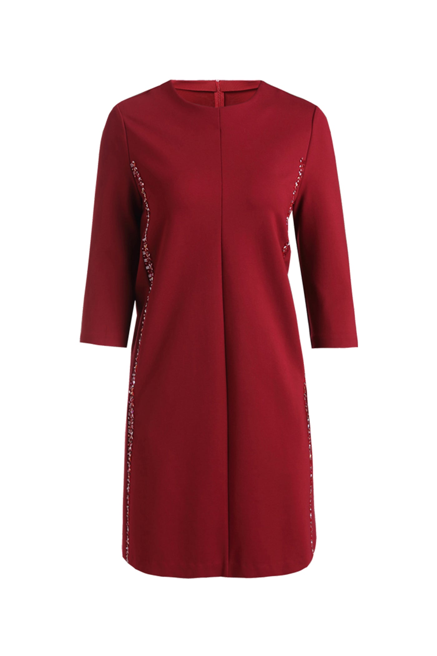 KAMILAN red cropped sleeve dress female 2025 autumn new long dress beaded pullover A-line skirt.