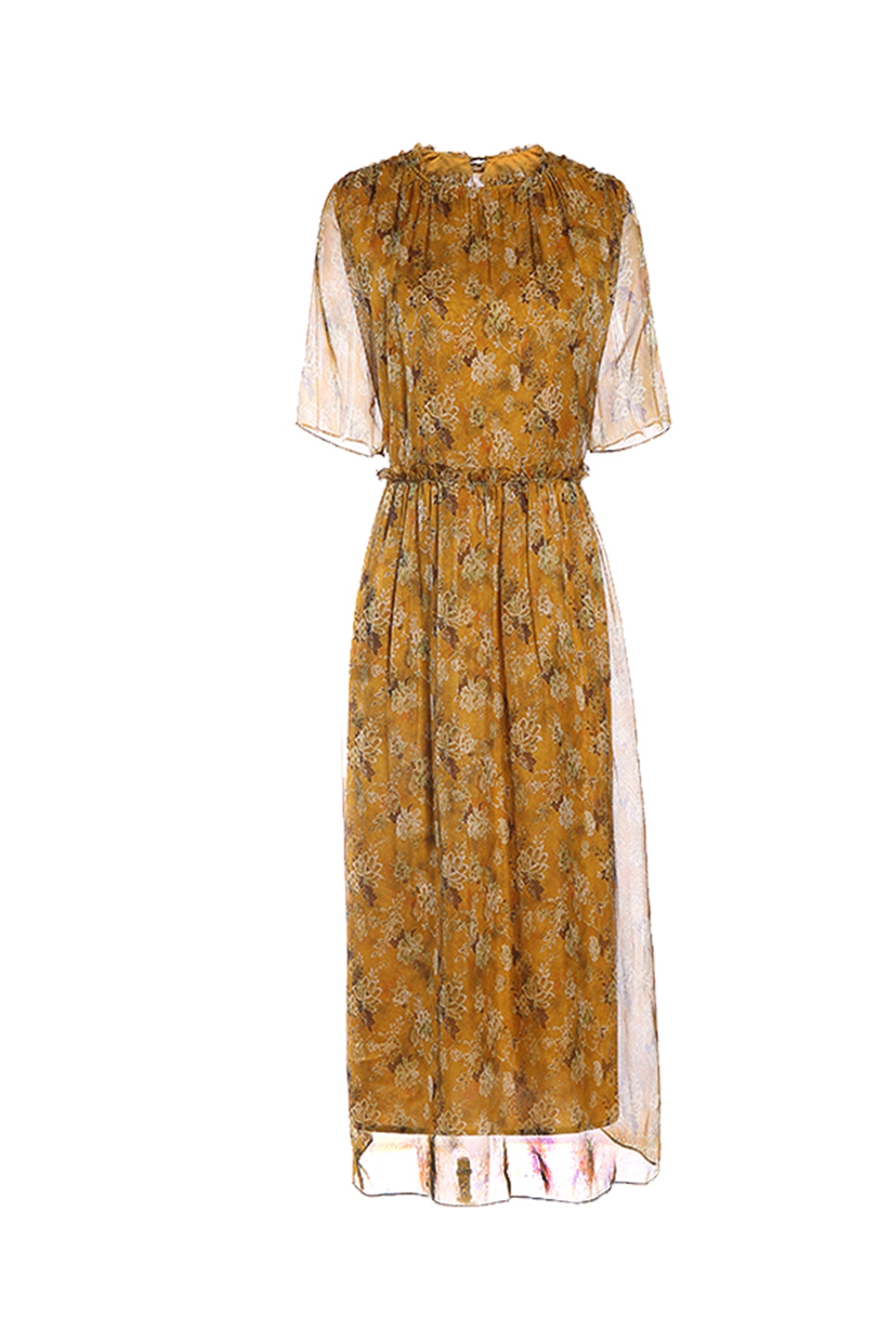 KAMILAN Floral Silk Midi Dress in Golden Blossom Print