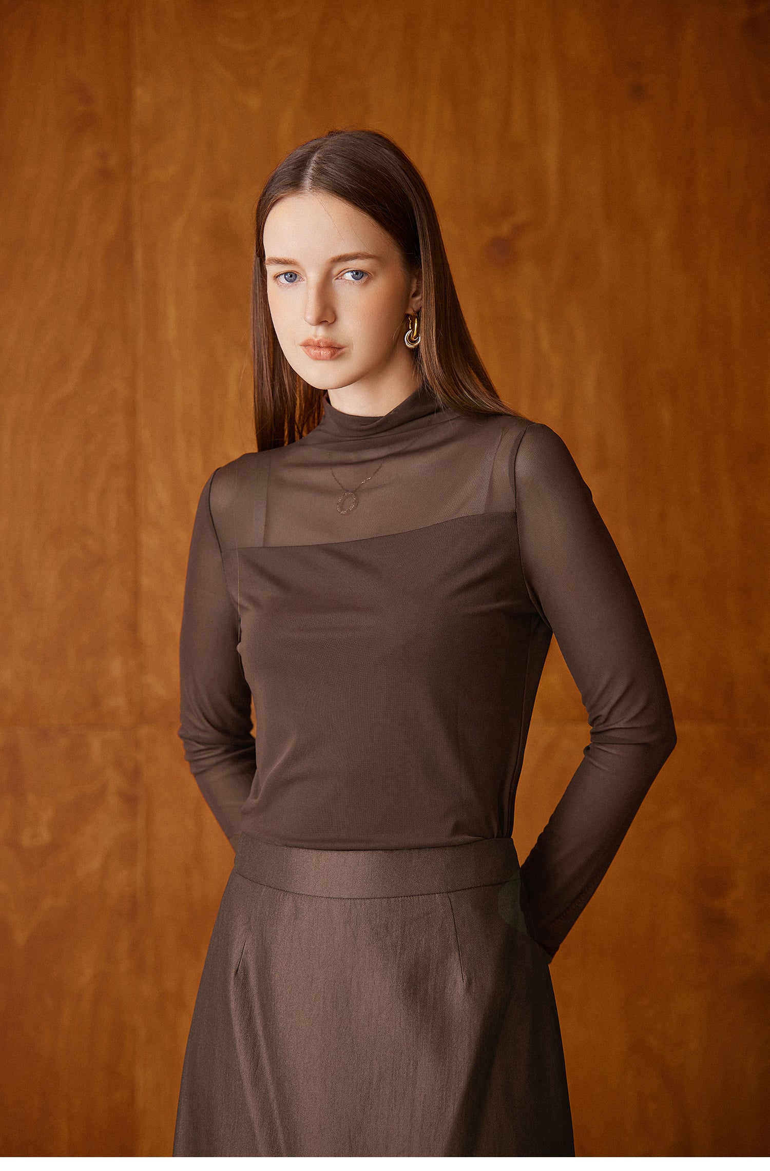 KAMILAN Shenxun Long-sleeved T-shirt with Collar for Women, 2025 Autumn New Style, Fashionable Mesh Underwear Design Top