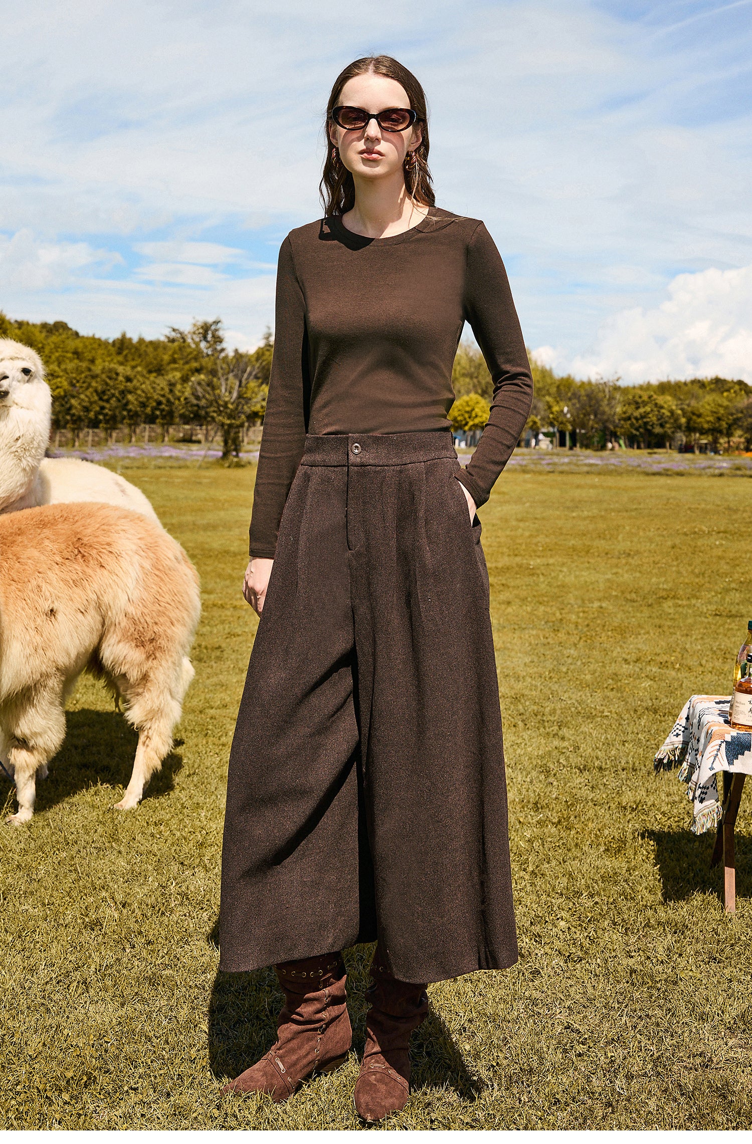 KAMILAN Retro-style women's 2025 autumn new collection base-knit top + vest + casual pants three-piece set