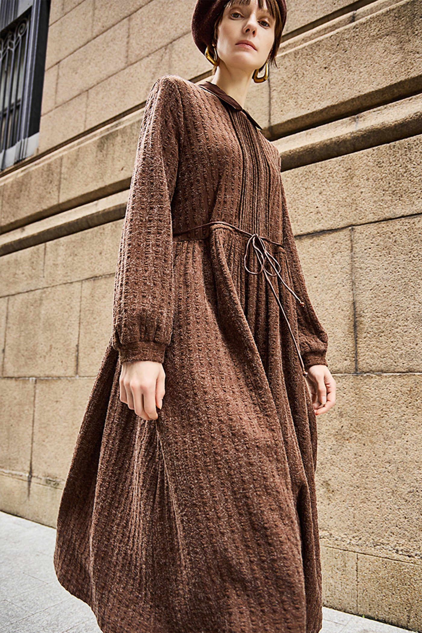 KAMILAN Women's French Elegant High-Waisted Midi Dress – 2025 Autumn/Winter Patchwork A-Line Long Sleeve Dress