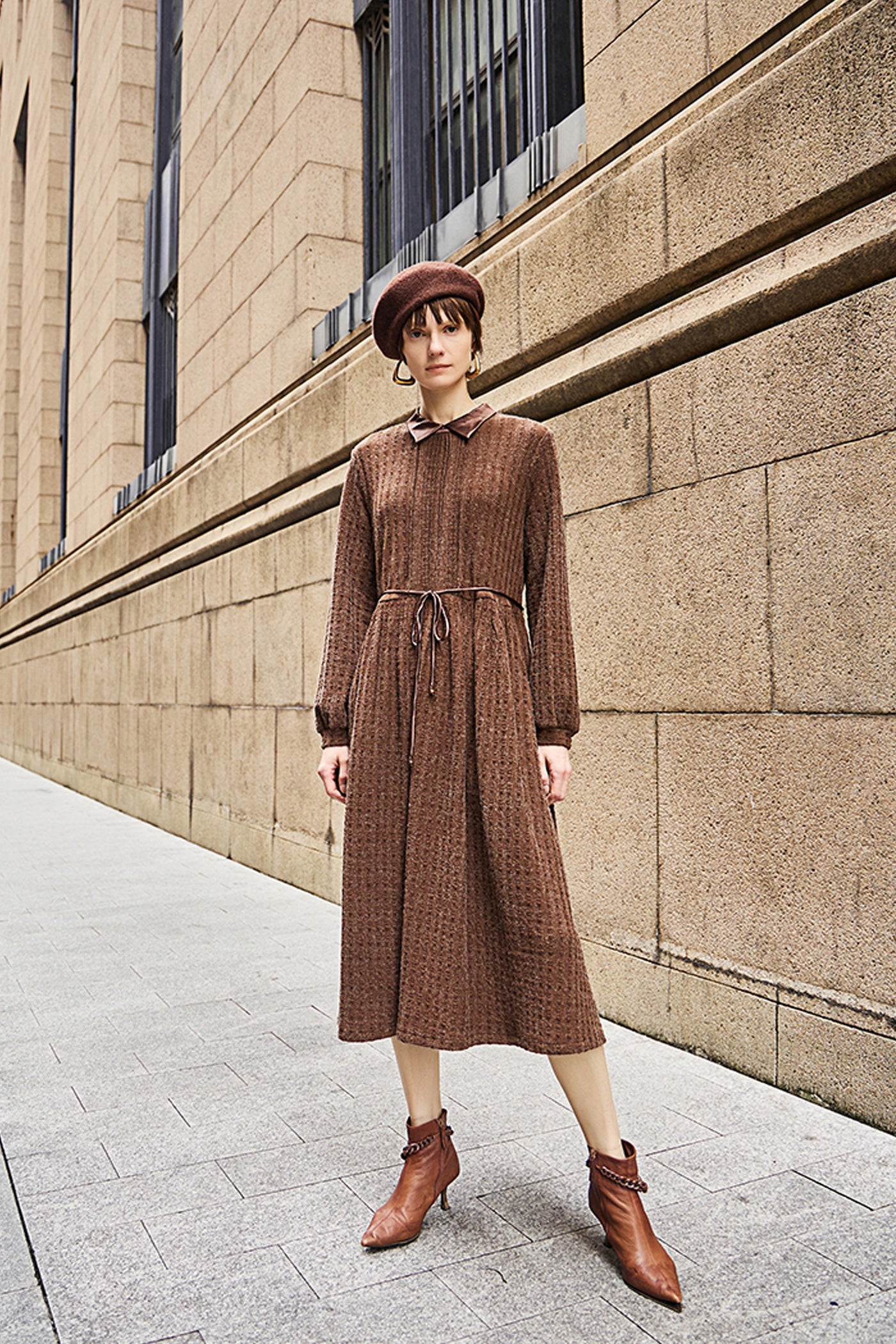 KAMILAN Women's French Elegant High-Waisted Midi Dress – 2025 Autumn/Winter Patchwork A-Line Long Sleeve Dress