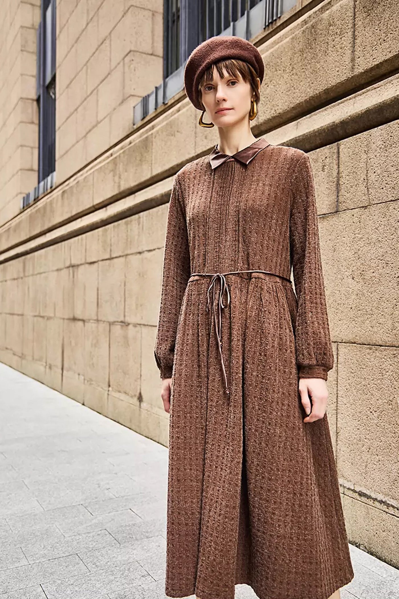 KAMILAN Women's French Elegant High-Waisted Midi Dress – 2025 Autumn/Winter Patchwork A-Line Long Sleeve Dress