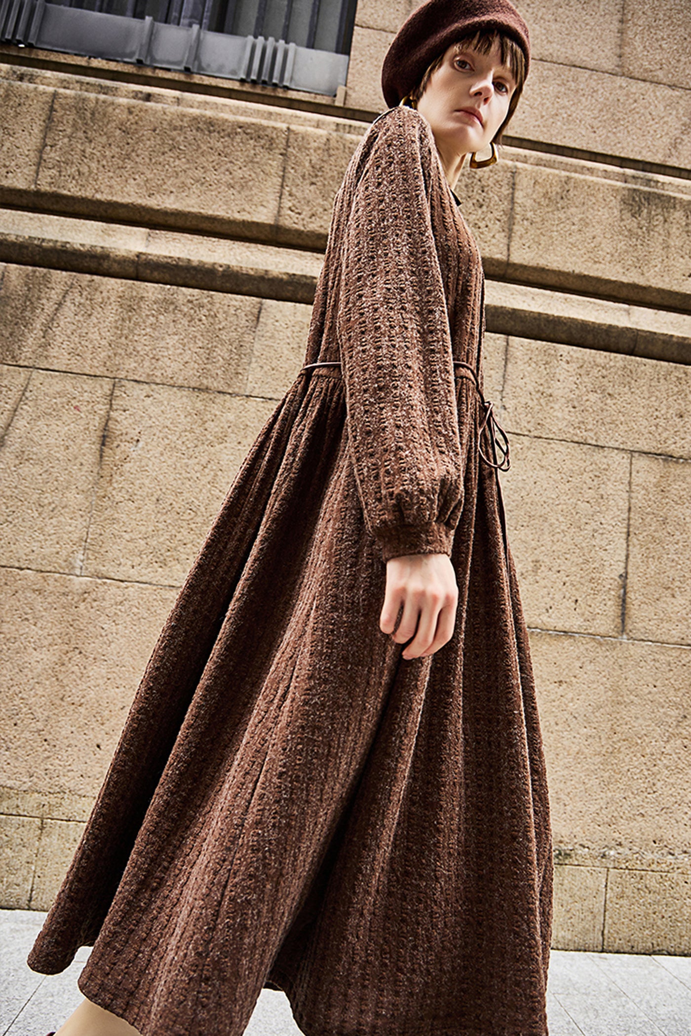 KAMILAN Women's French Elegant High-Waisted Midi Dress – 2025 Autumn/Winter Patchwork A-Line Long Sleeve Dress