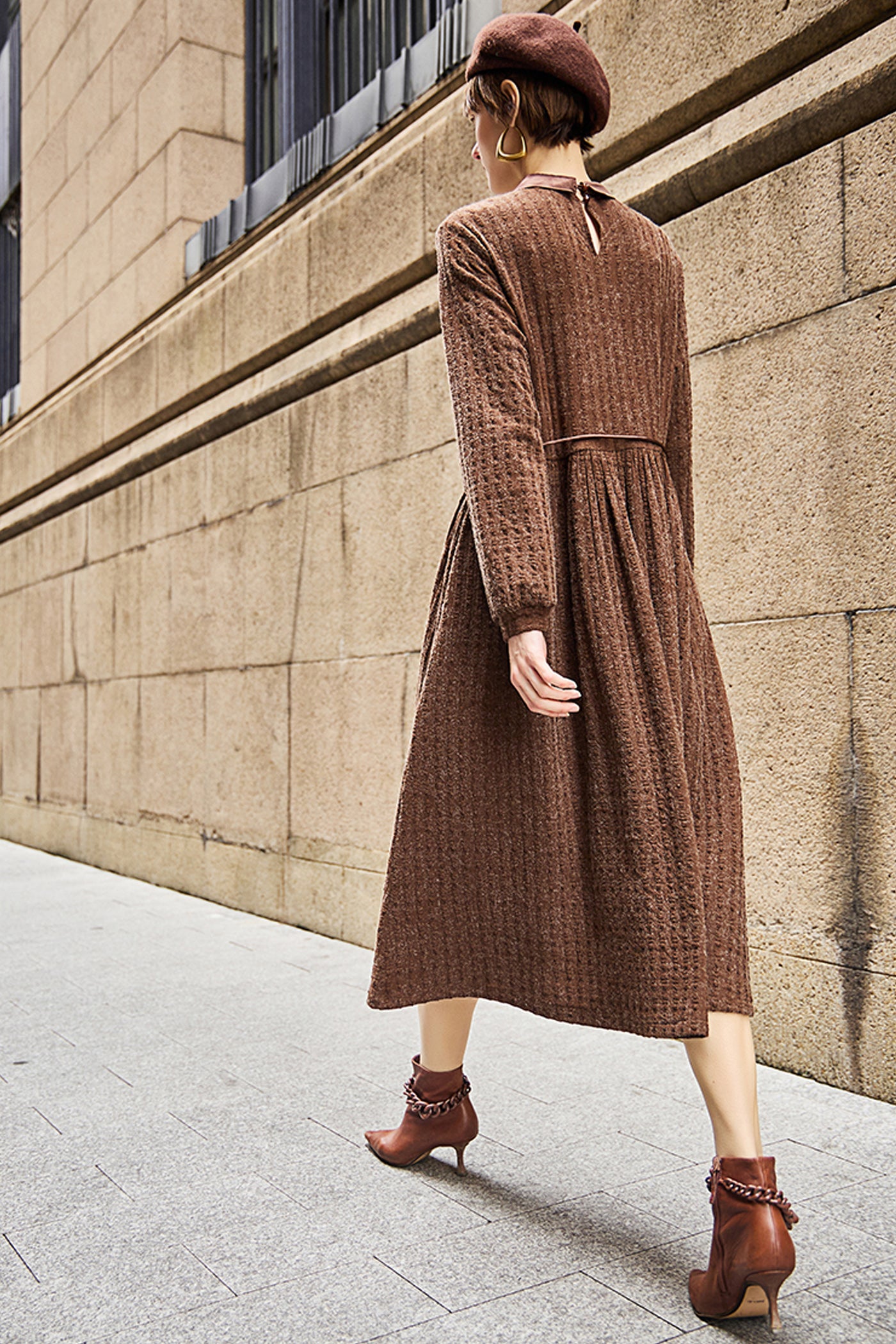 KAMILAN Women's French Elegant High-Waisted Midi Dress – 2025 Autumn/Winter Patchwork A-Line Long Sleeve Dress