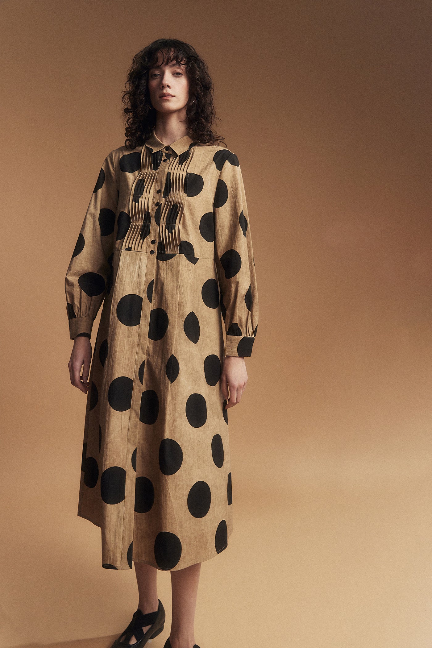 KAMILAN Polka Dot Print Patchwork Shirt Dress for Women – Long Sleeve Midi Dress with Unique Design