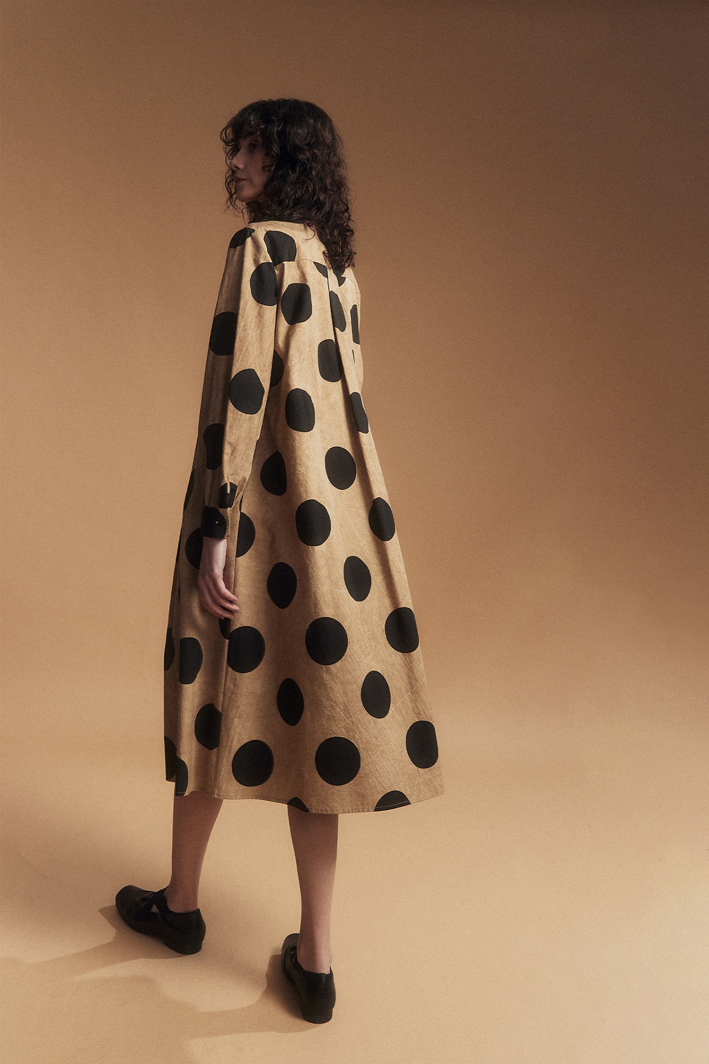 KAMILAN Polka Dot Print Patchwork Shirt Dress for Women – Long Sleeve Midi Dress with Unique Design