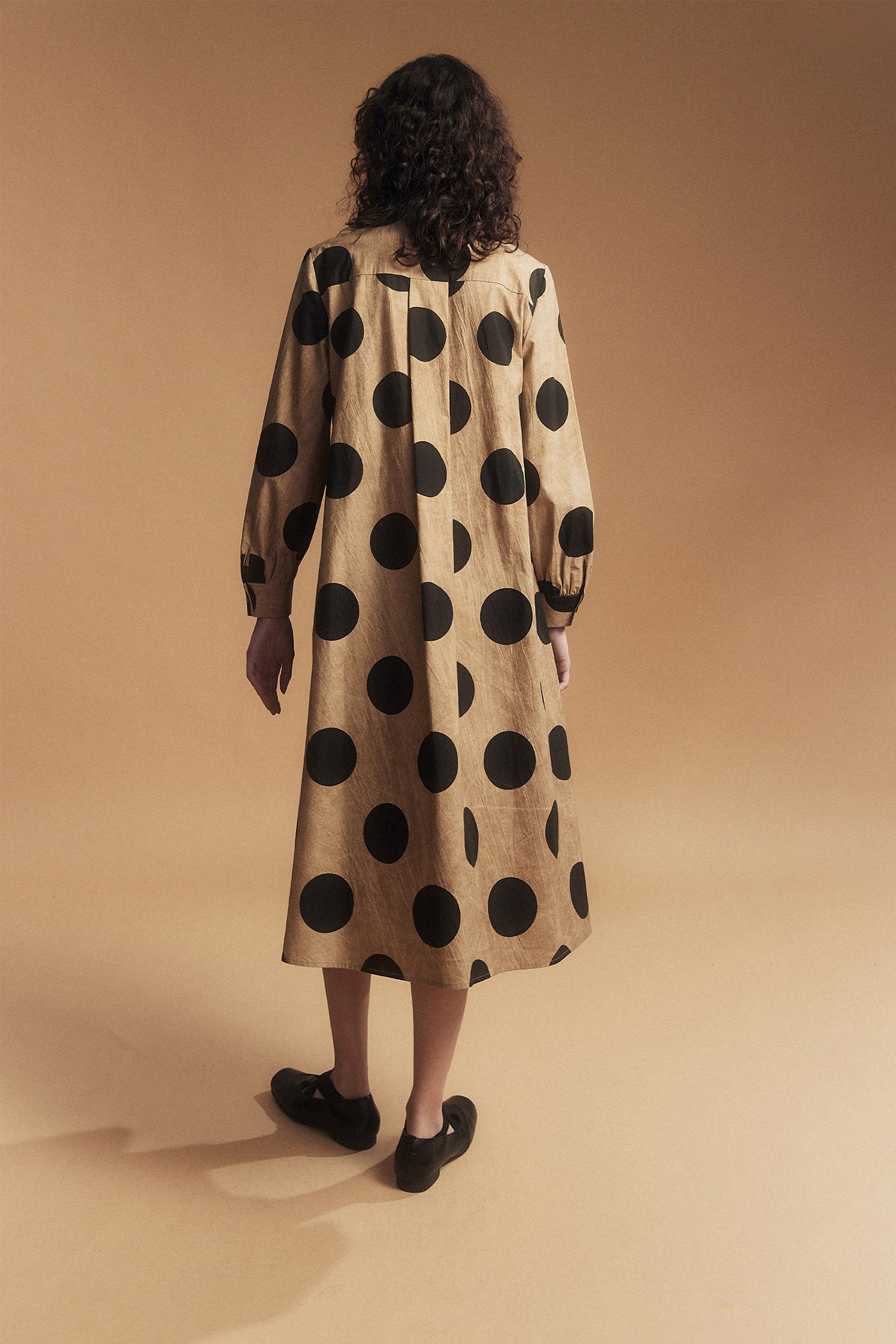 KAMILAN Polka Dot Print Patchwork Shirt Dress for Women – Long Sleeve Midi Dress with Unique Design