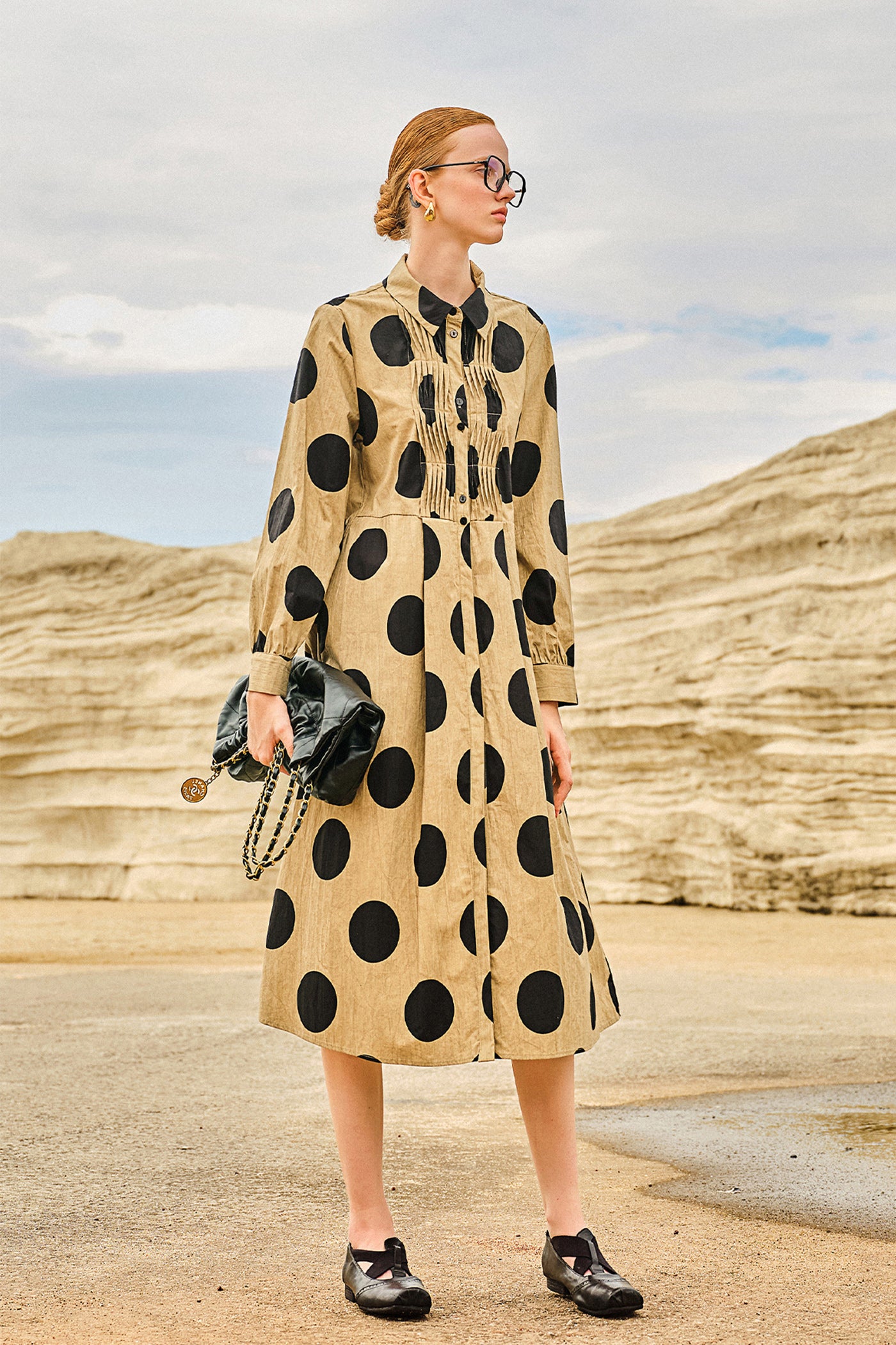 KAMILAN Polka Dot Print Patchwork Shirt Dress for Women – Long Sleeve Midi Dress with Unique Design