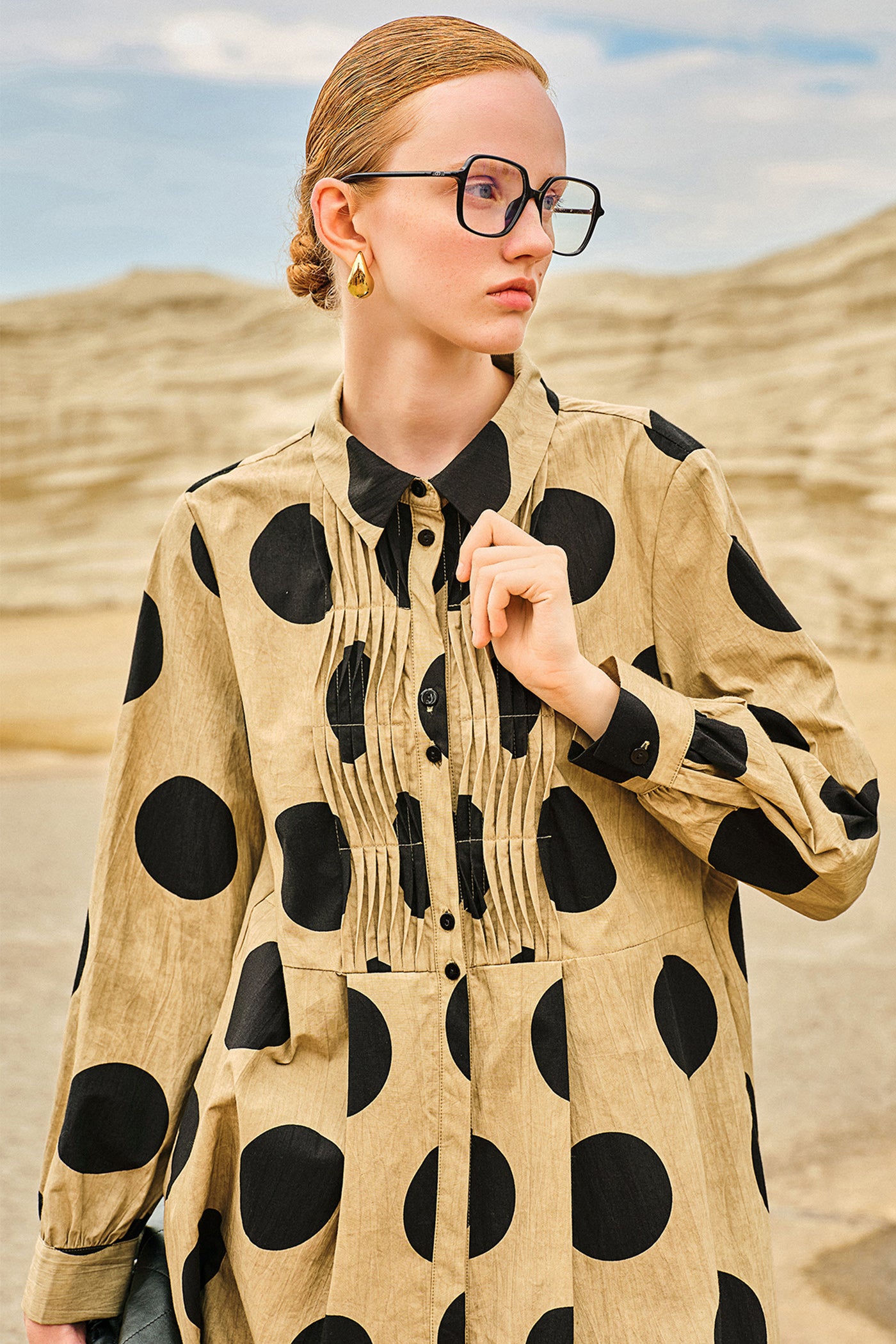 KAMILAN Polka Dot Print Patchwork Shirt Dress for Women – Long Sleeve Midi Dress with Unique Design