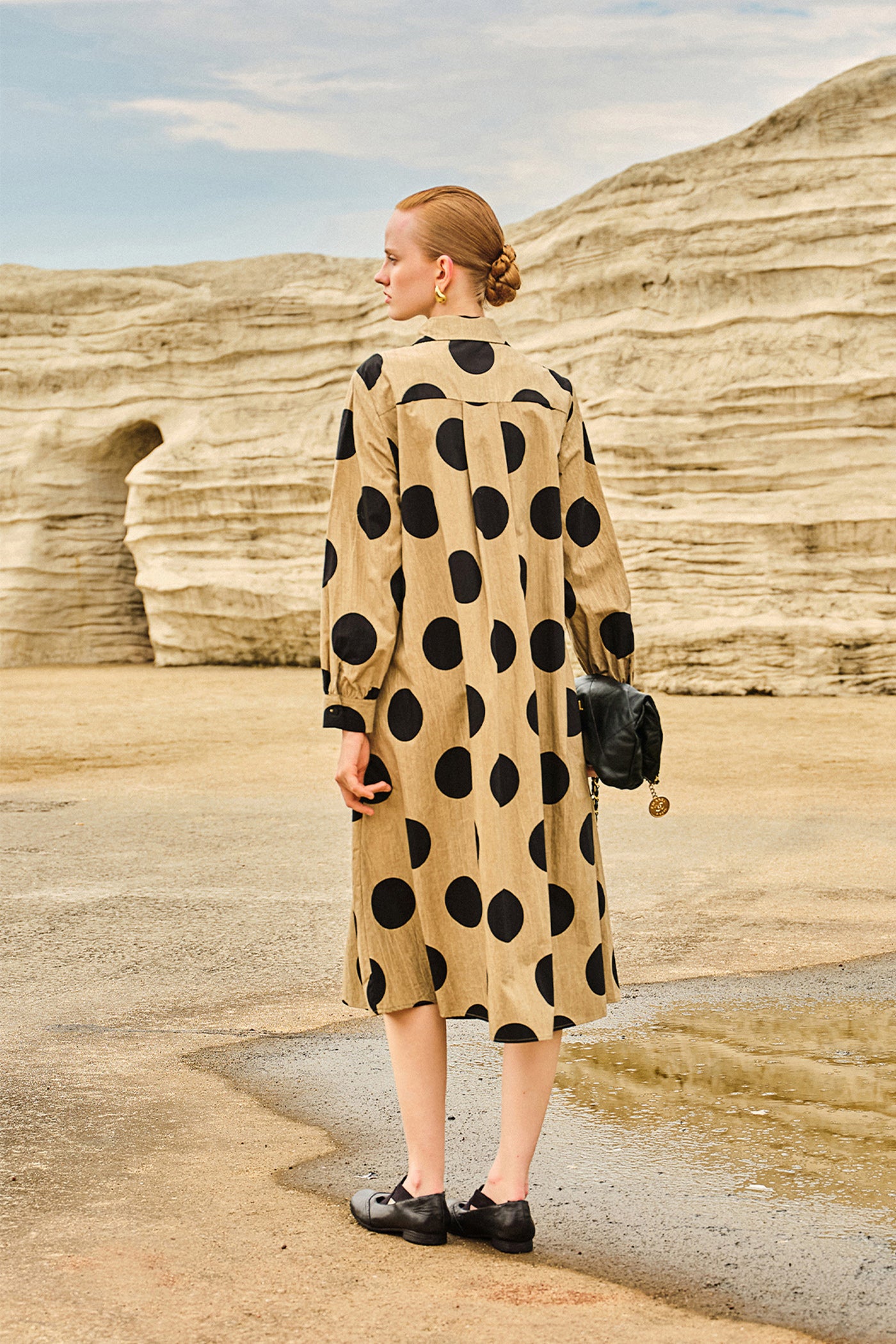 KAMILAN Polka Dot Print Patchwork Shirt Dress for Women – Long Sleeve Midi Dress with Unique Design