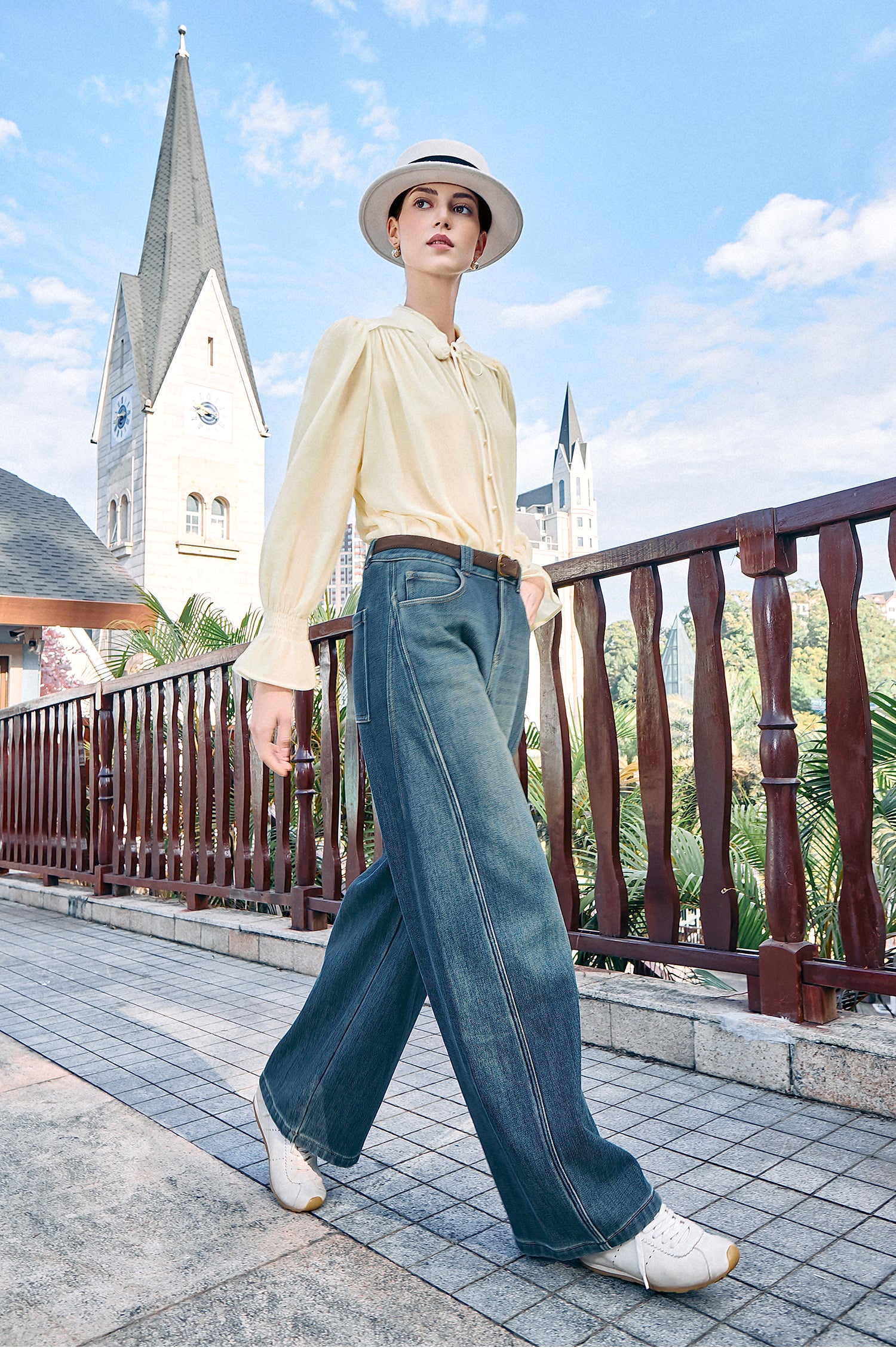 KAMILAN Washed high-waisted denim pants for women, 2025 new style, fleece-lined wide-leg pants, winter straight-leg loose pants, with belt included