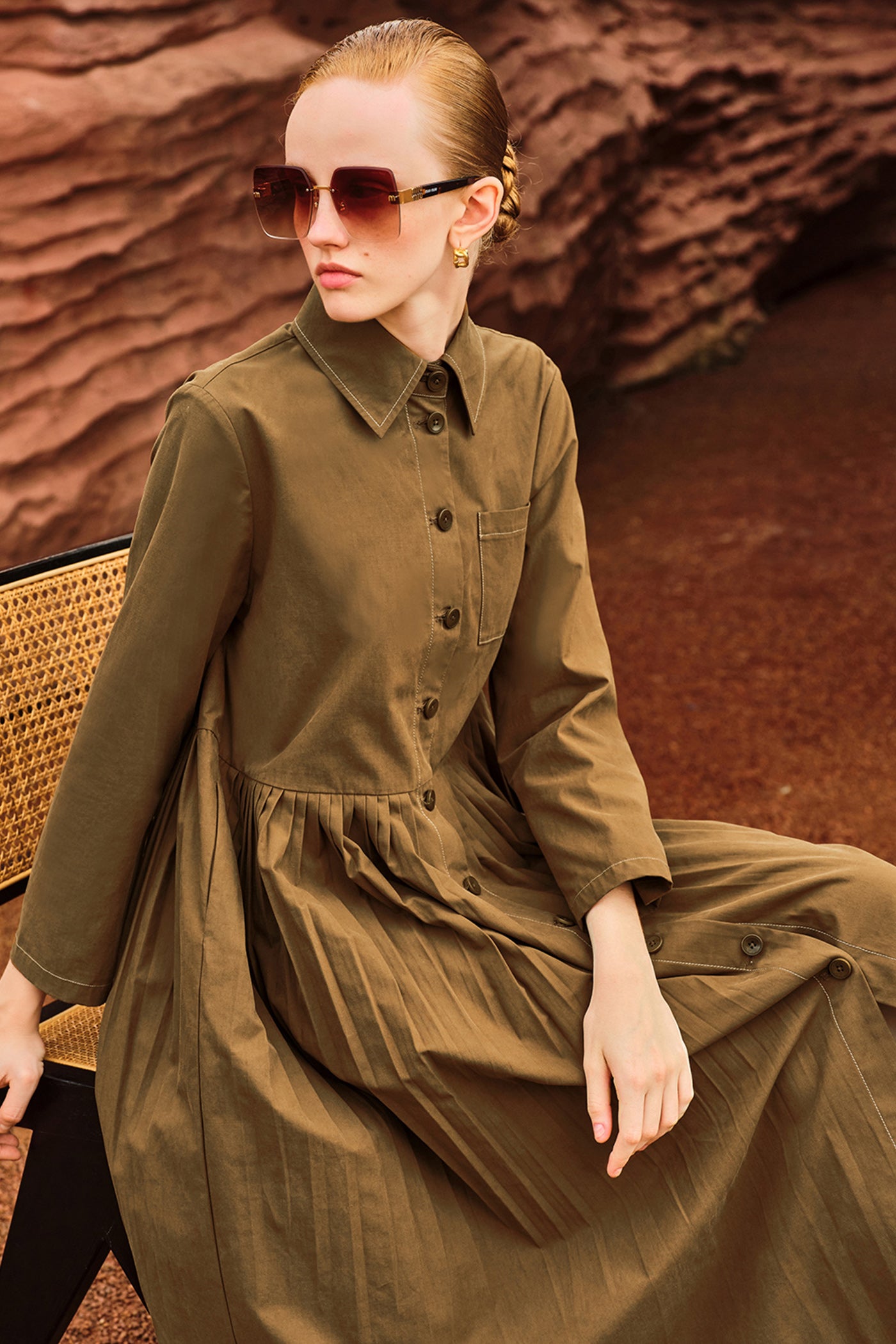 KAMILAN Women's French Chic High-Waist Dress – 2025 Autumn New Mid-Length Patchwork Shirt Dress A-Line Silhouette