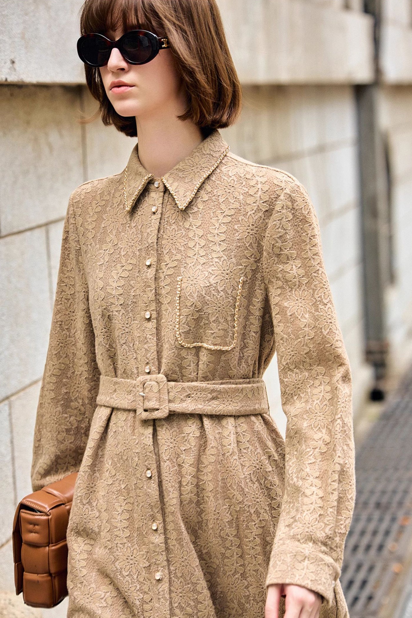 KAMILAN Women's French-Style Shirt Dress – 2025 Autumn New High-Waist Belted Midi Dress