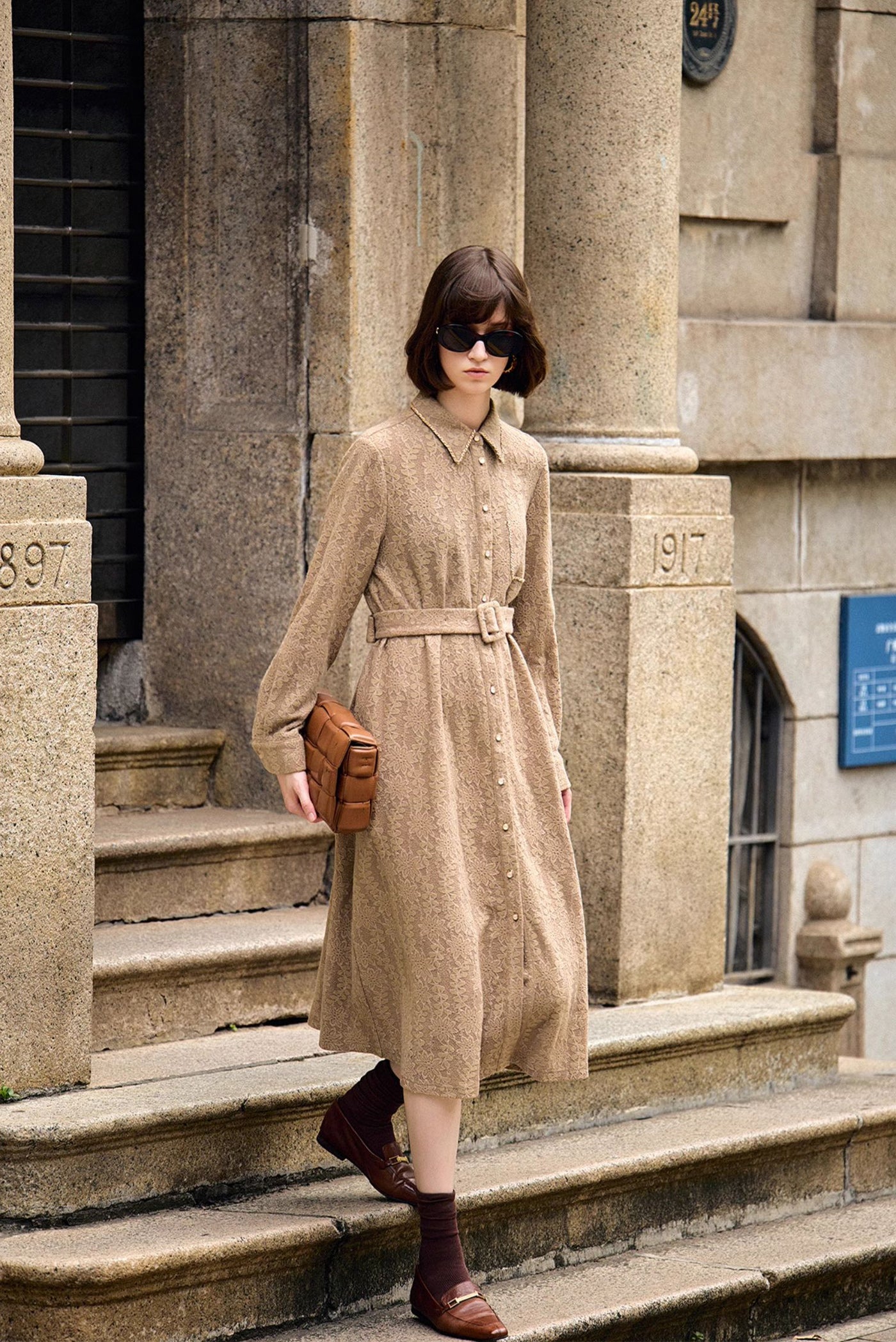KAMILAN Women's French-Style Shirt Dress – 2025 Autumn New High-Waist Belted Midi Dress