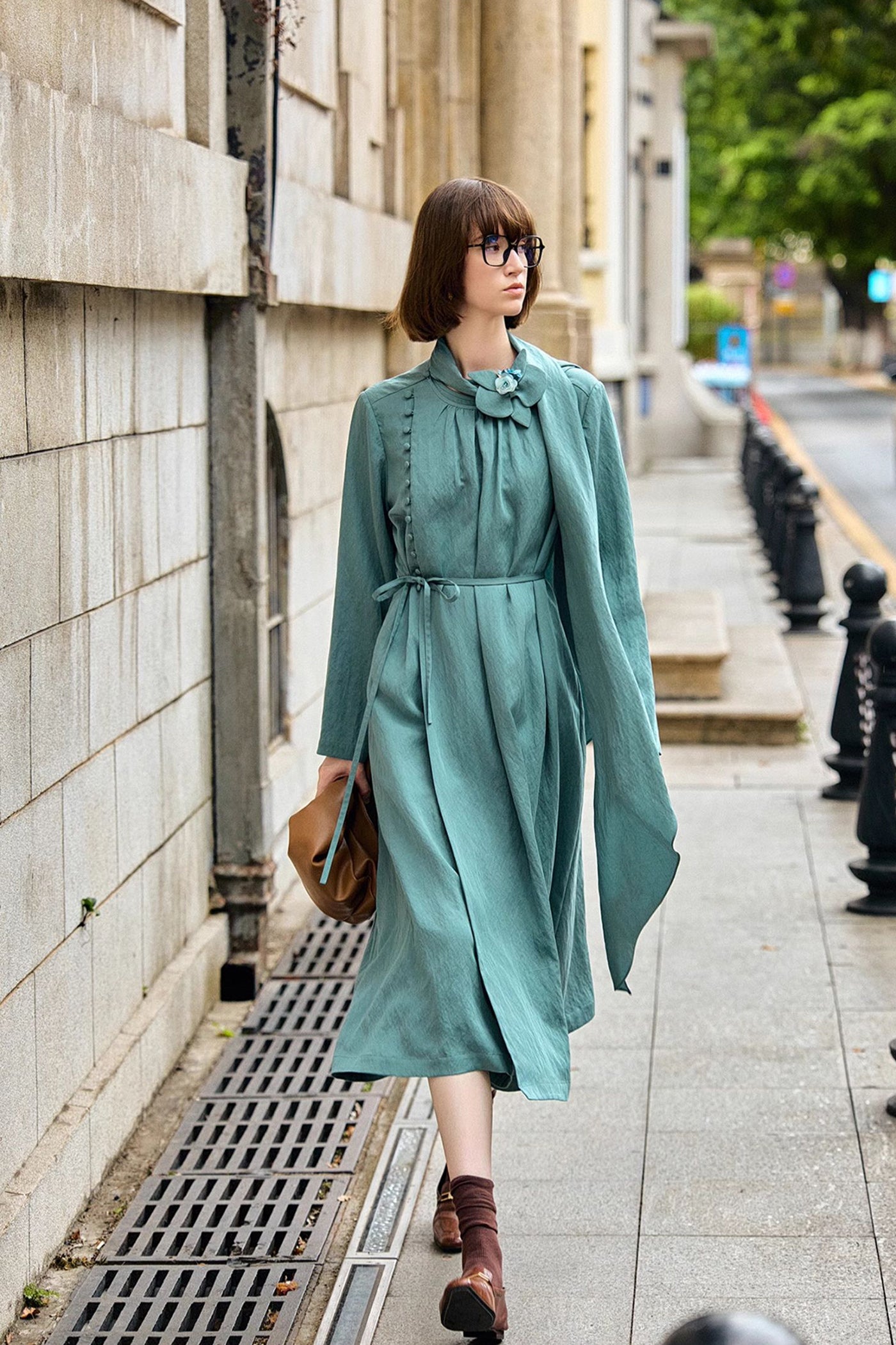 KAMILAN Women's Vintage-Inspired Midi Dress – 2025 Autumn New Elegant A-Line Design