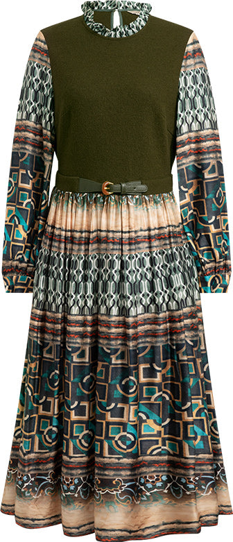 KAMILAN Women's High-Waist Midi Dress – 2025 Autumn New French Chic Printed Patchwork A-Line Dress