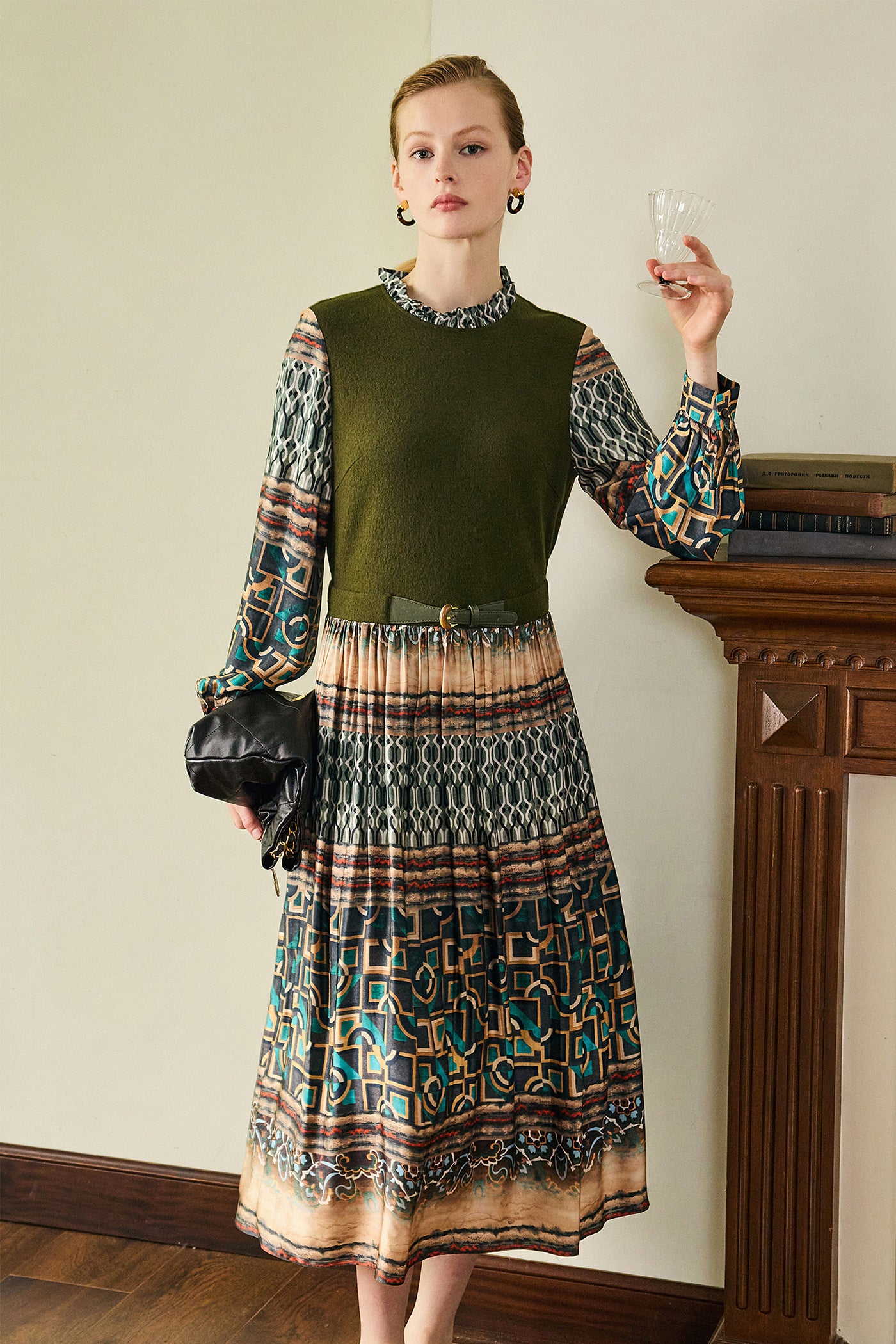 KAMILAN Women's High-Waist Midi Dress – 2025 Autumn New French Chic Printed Patchwork A-Line Dress