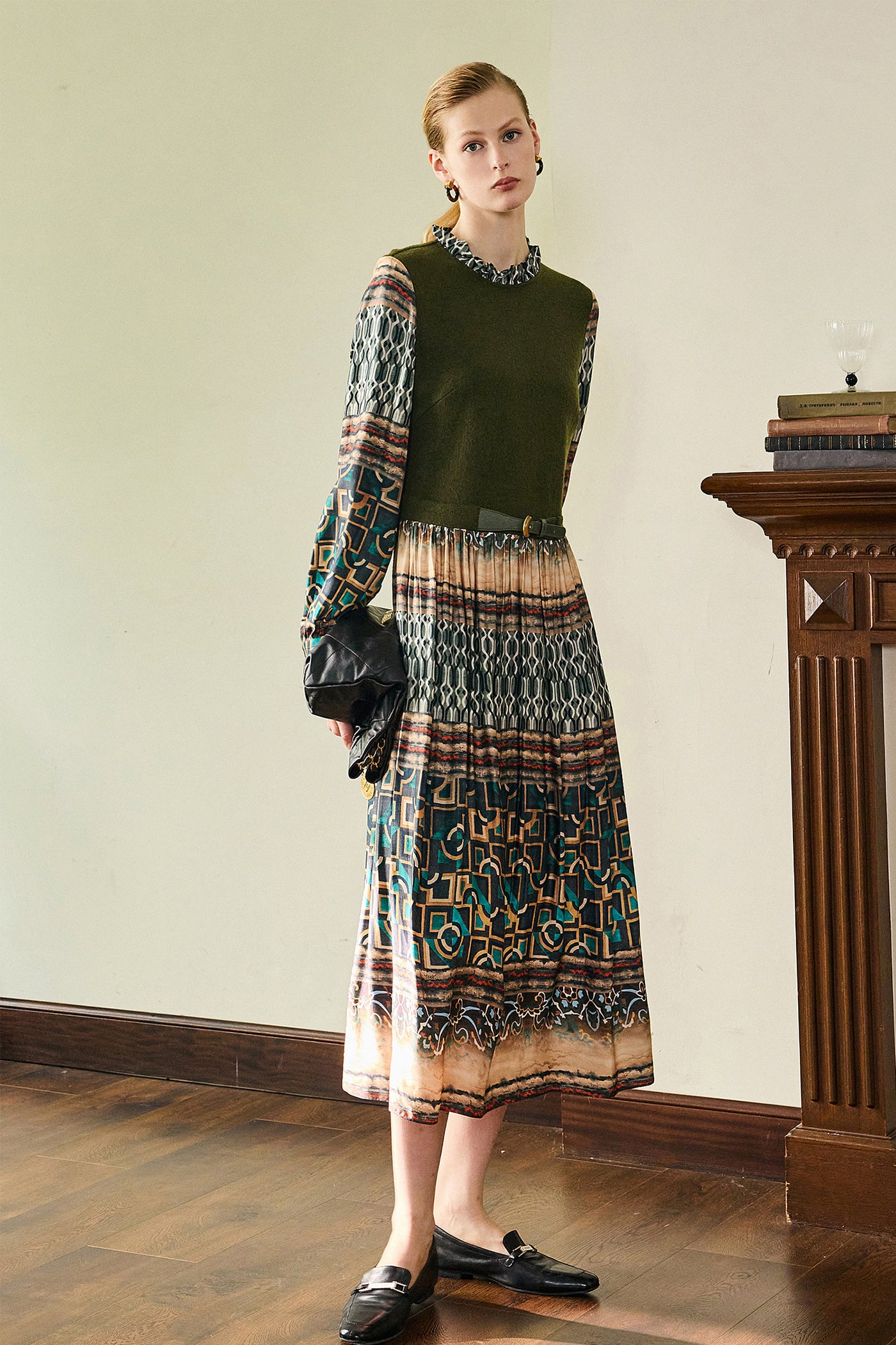 KAMILAN Women's High-Waist Midi Dress – 2025 Autumn New French Chic Printed Patchwork A-Line Dress