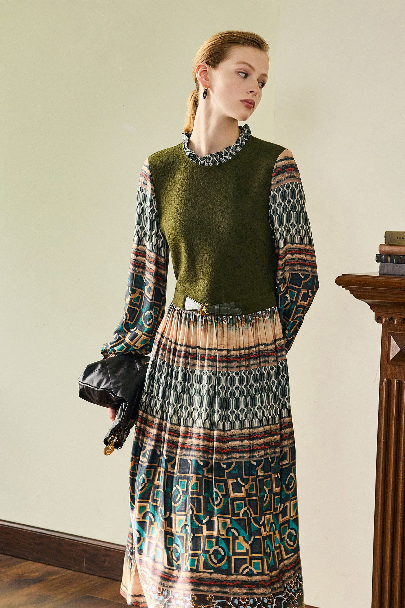 KAMILAN Women's High-Waist Midi Dress – 2025 Autumn New French Chic Printed Patchwork A-Line Dress