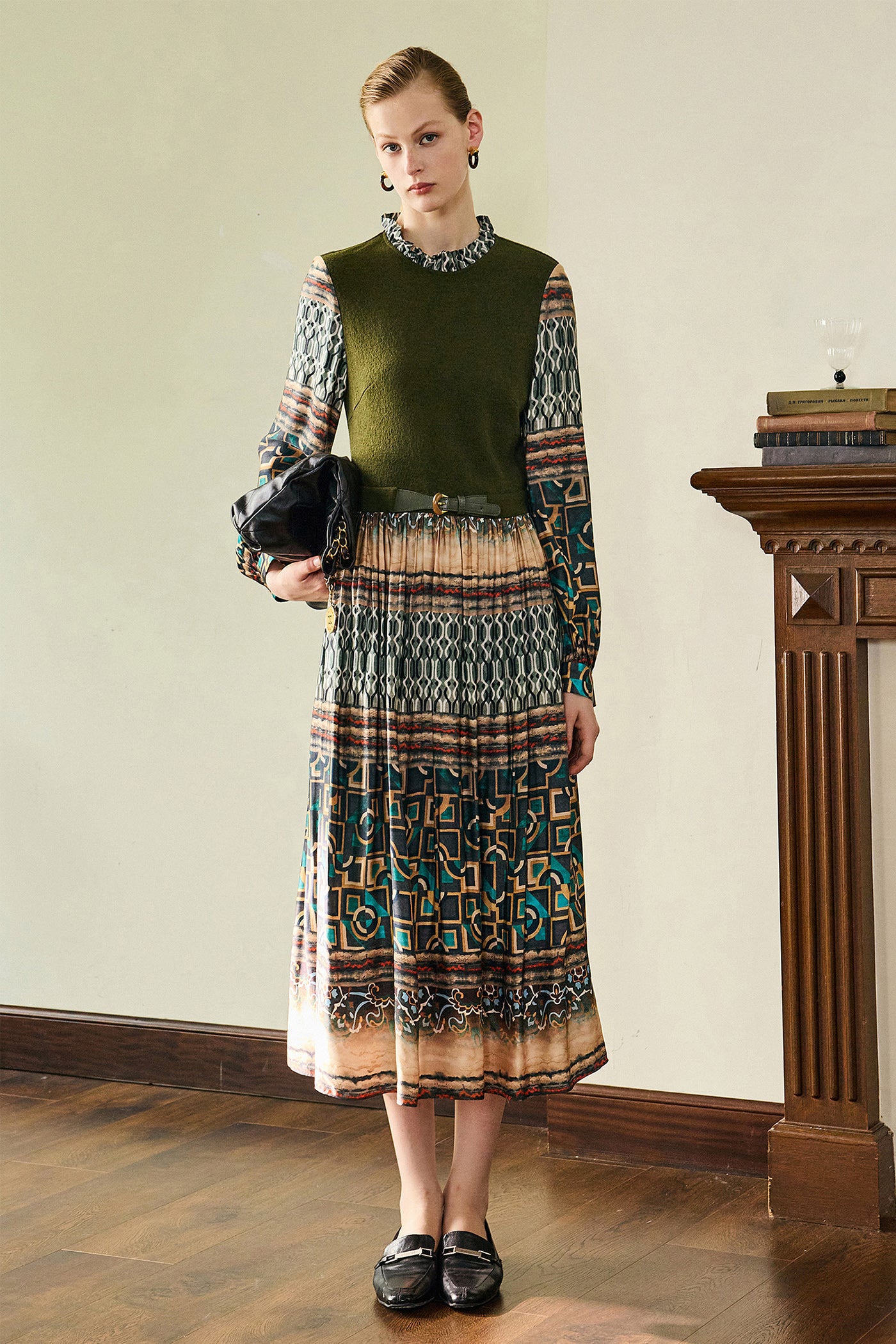 KAMILAN Women's High-Waist Midi Dress – 2025 Autumn New French Chic Printed Patchwork A-Line Dress