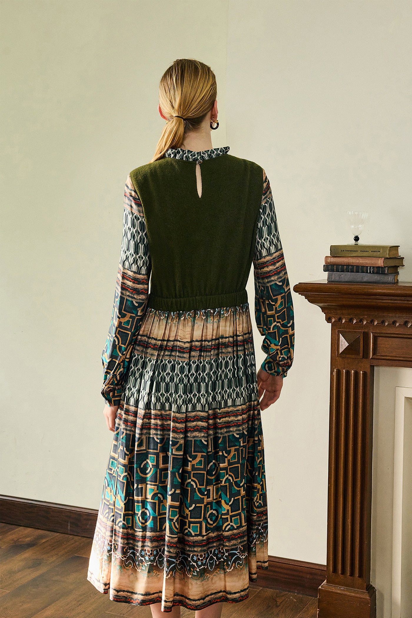KAMILAN Women's High-Waist Midi Dress – 2025 Autumn New French Chic Printed Patchwork A-Line Dress