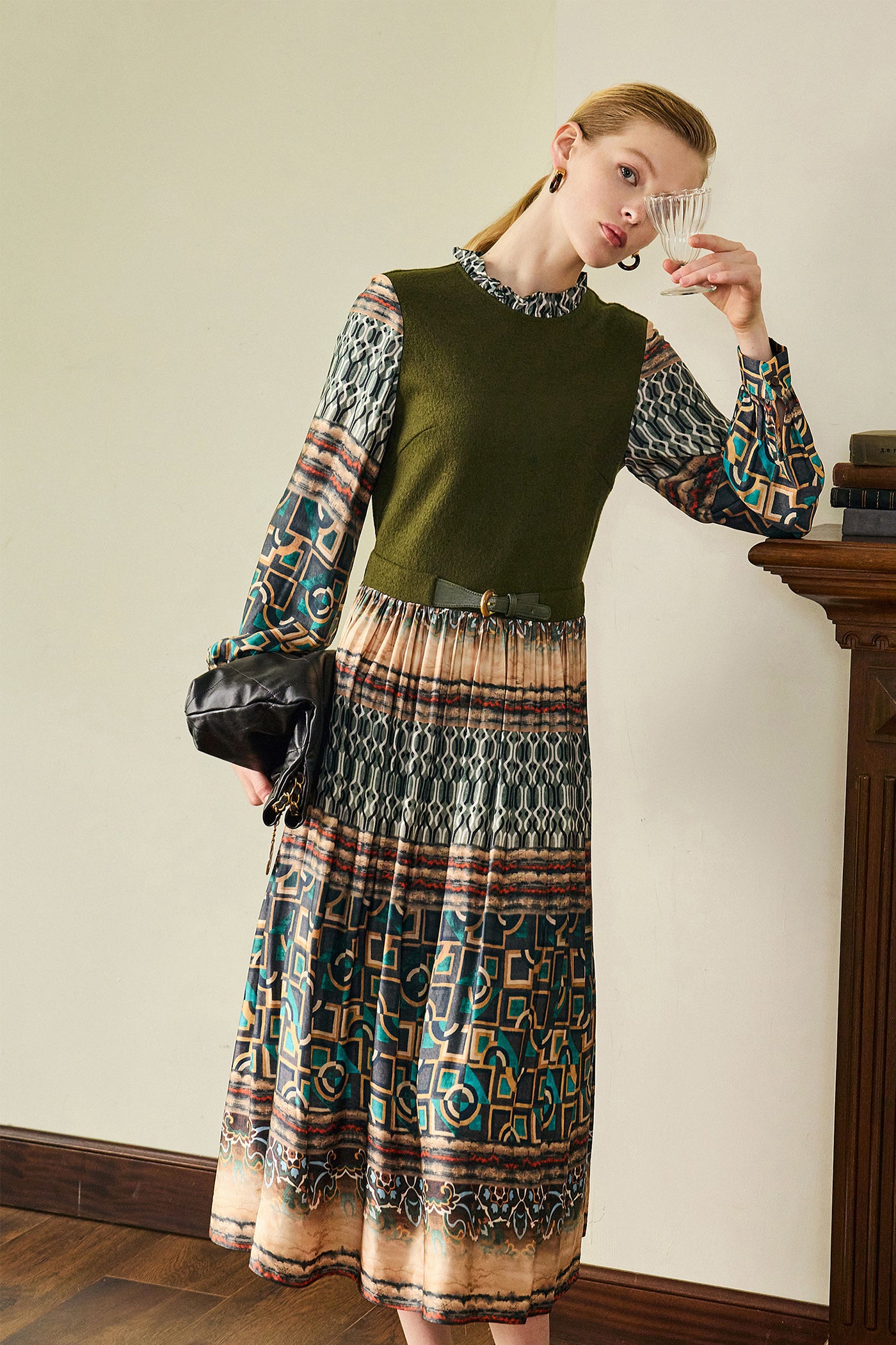 KAMILAN Women's High-Waist Midi Dress – 2025 Autumn New French Chic Printed Patchwork A-Line Dress